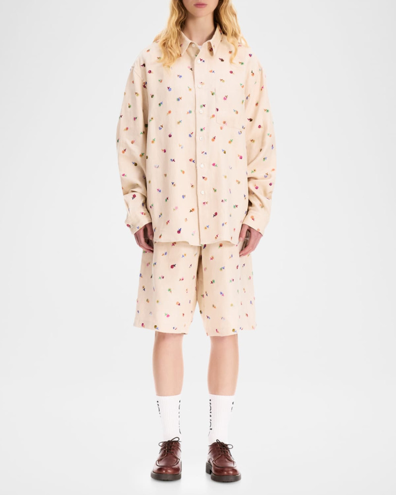 vowels Men's Floral-Embroidered Linen-Blend Pull-On Shorts outlook