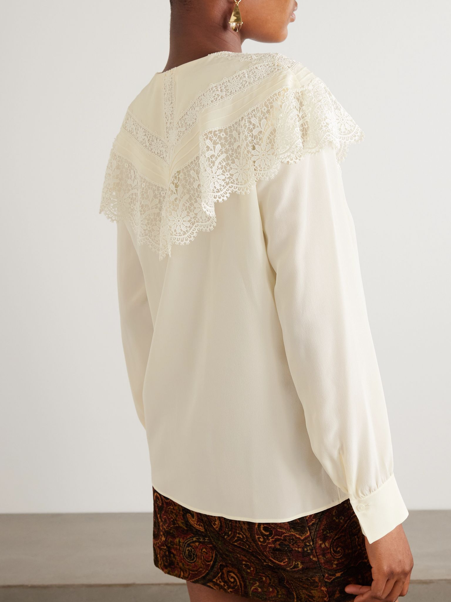 Lace-trimmed organic silk crepe de chine blouse Cream - 4