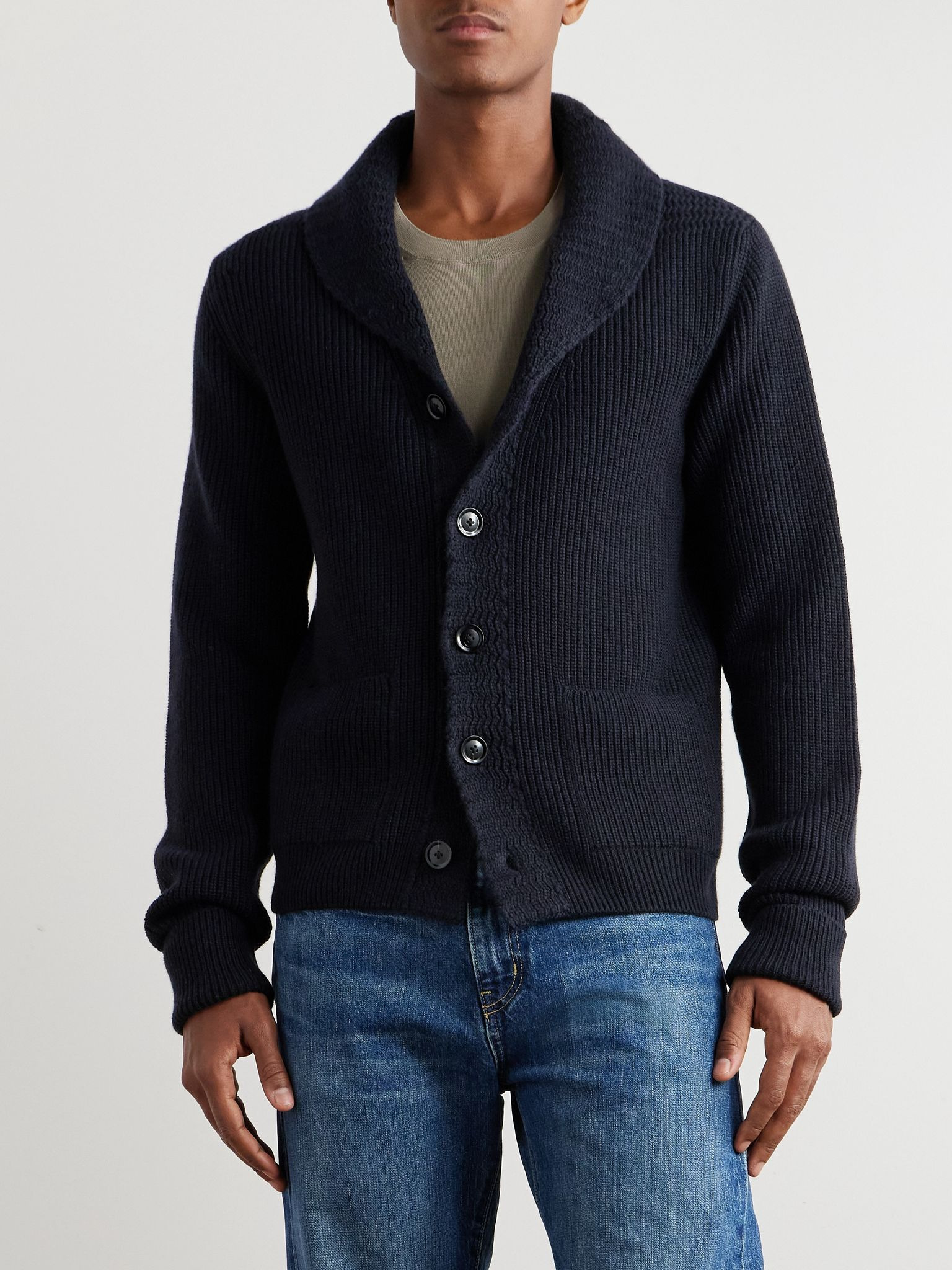 Slim-Fit Shawl-Collar Ribbed Cashmere Cardigan Blue - 3
