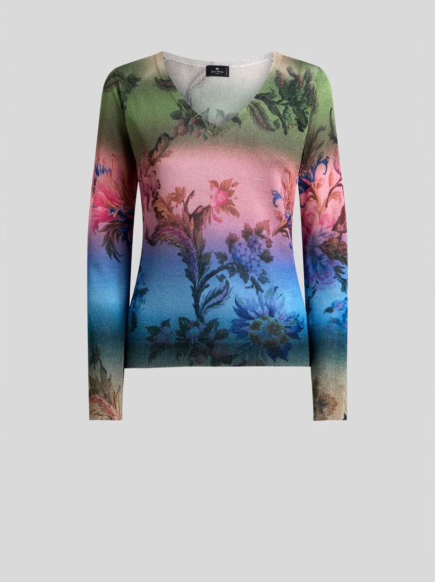 V-NECK SWEATER WITH DEGRADÉ FLORAL MOTIF - 1