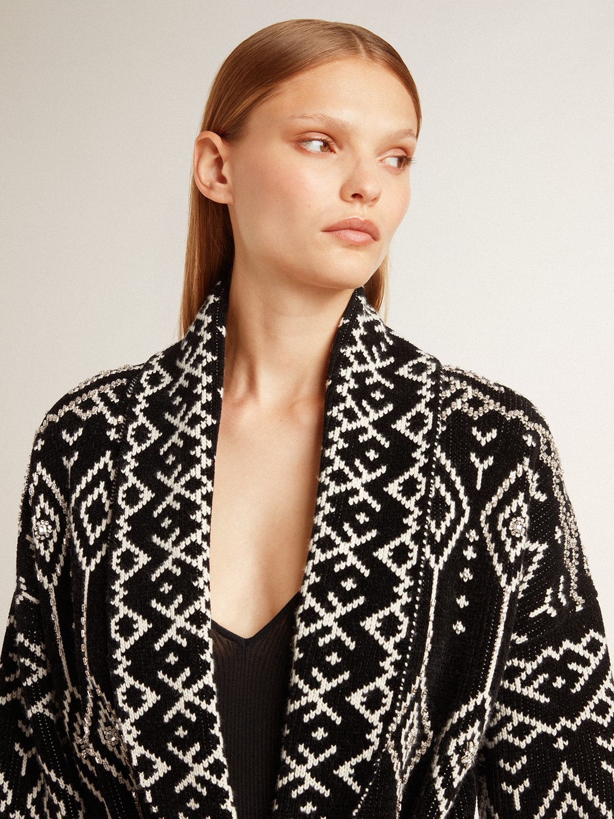 Women’s black cardigan with belt and crystals - 5