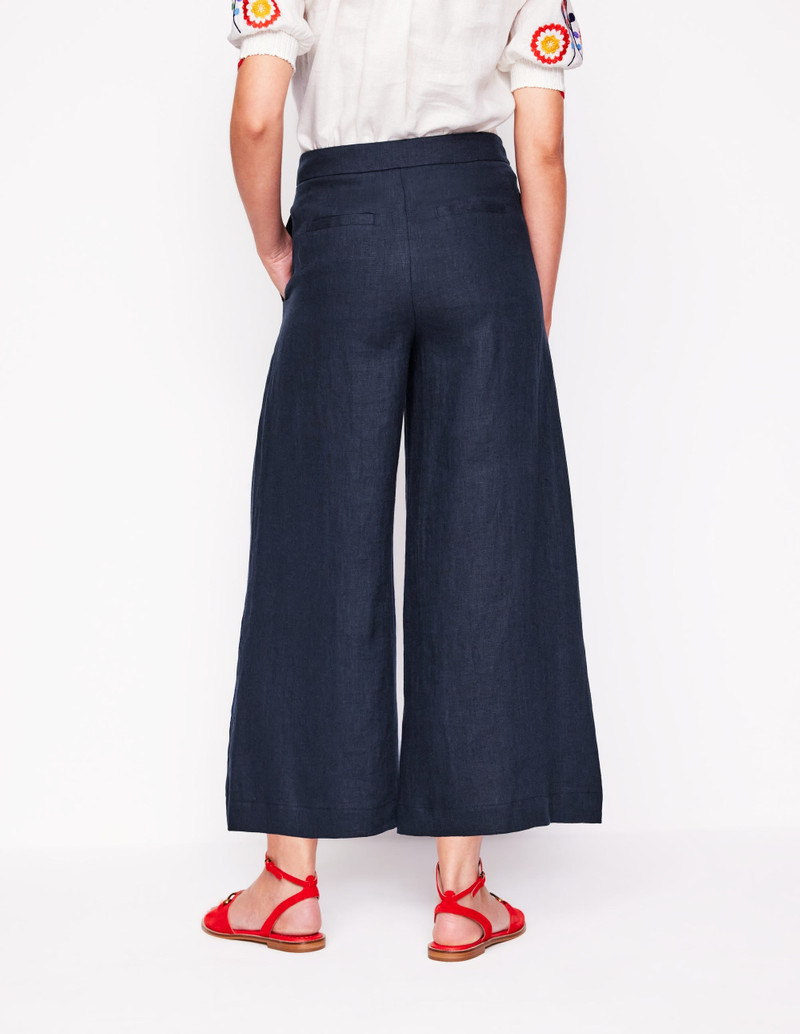Wide Crop Linen Pants-Navy 5