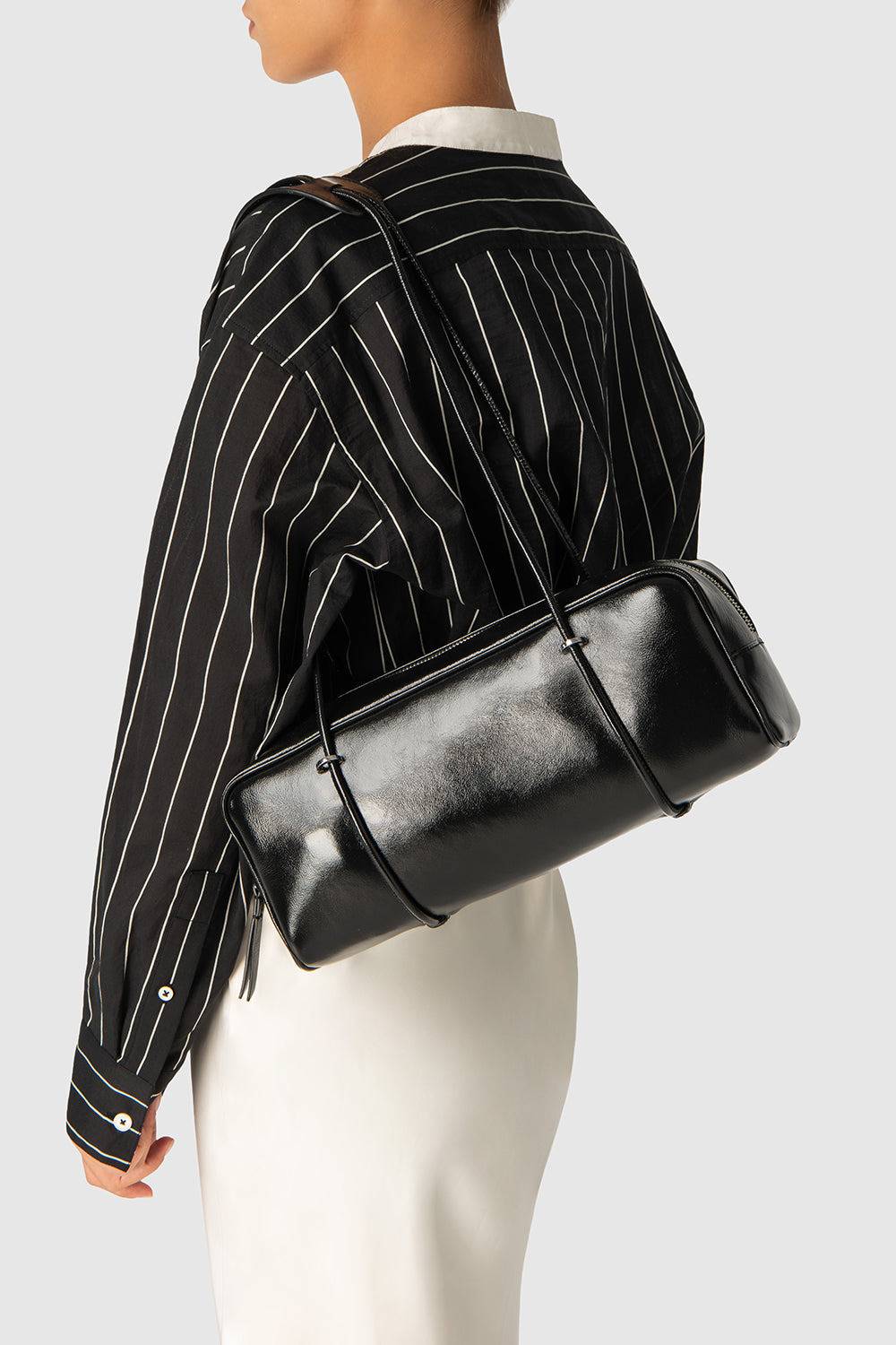 Kimberly Black Glossy Textured Leather Shoulder Bag - 6