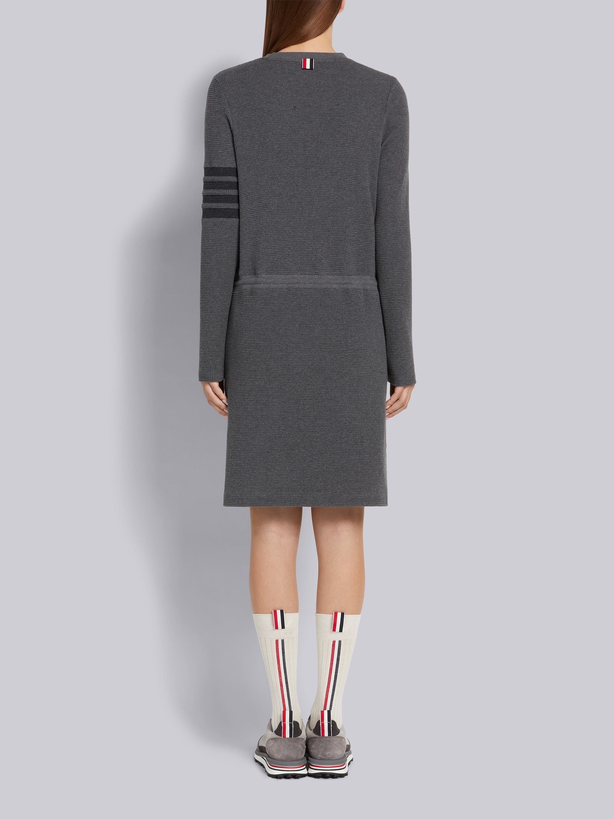 Dark Grey Compact Waffle Seamed in 4-Bar Tie Waist Long Sleeve Knee Length Dress - 3