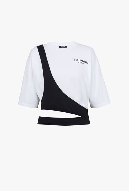 Destructured cropped white eco-designed cotton T-shirt with black Balmain logo - 1