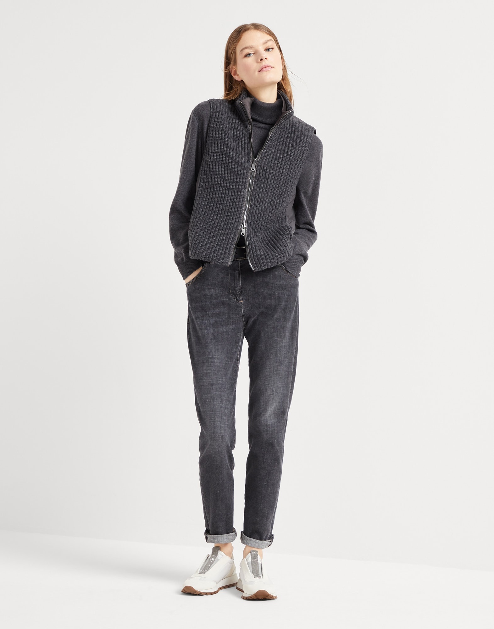 Cashmere Feather yarn reversible knit down vest with monili - 4