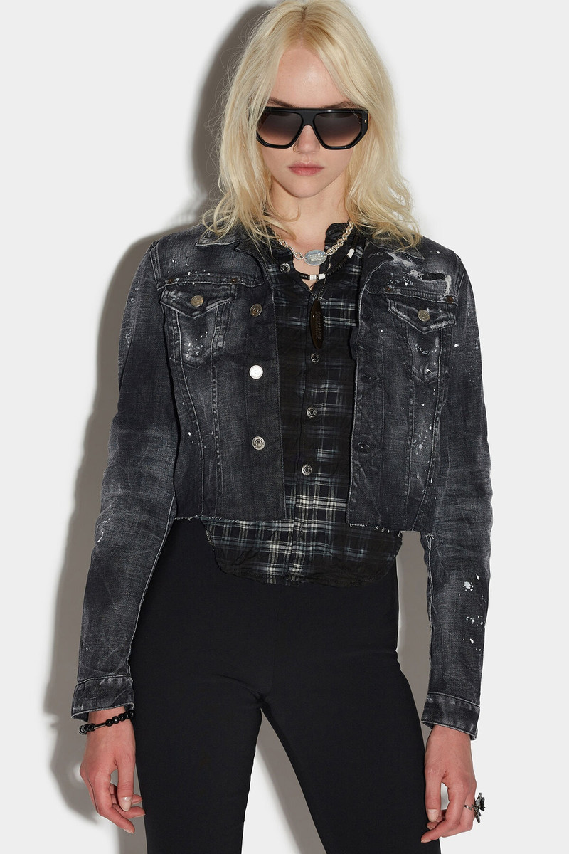 BLACK RIPPED WASH MIX CHECK JEAN JACKET 1