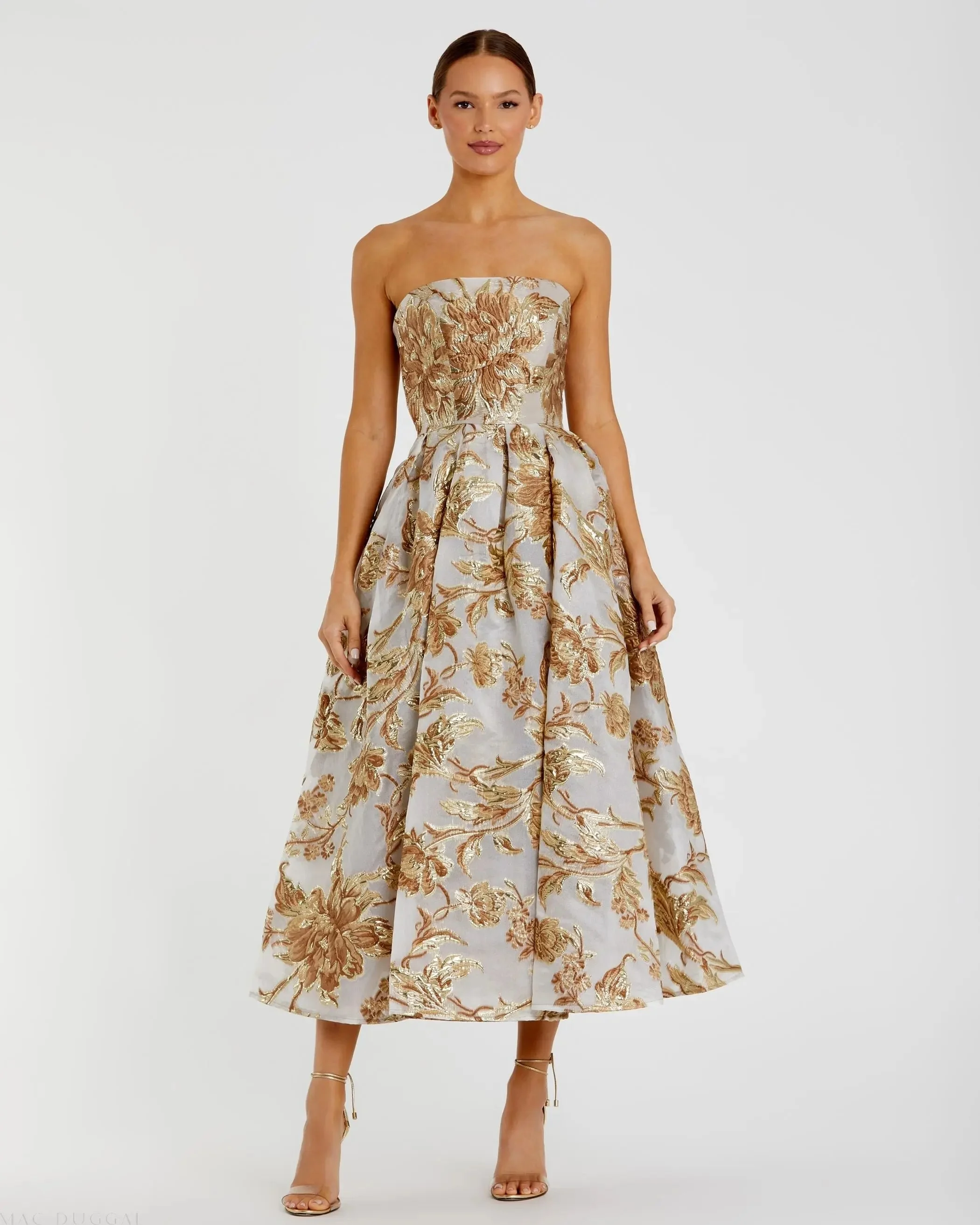 Gold Strapless Brocade Midi Dress with Pockets - 1