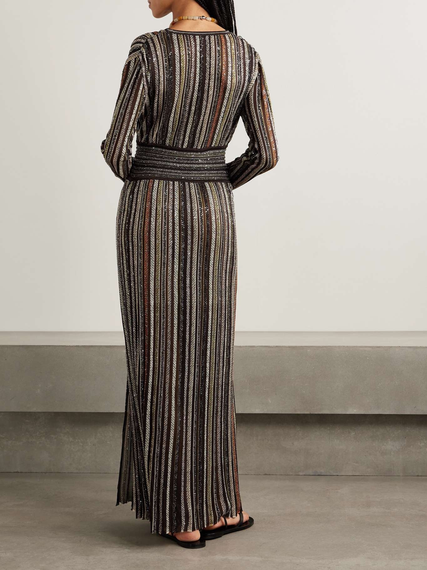 Wrap-effect sequin-embellished striped jersey maxi dress Black - 3