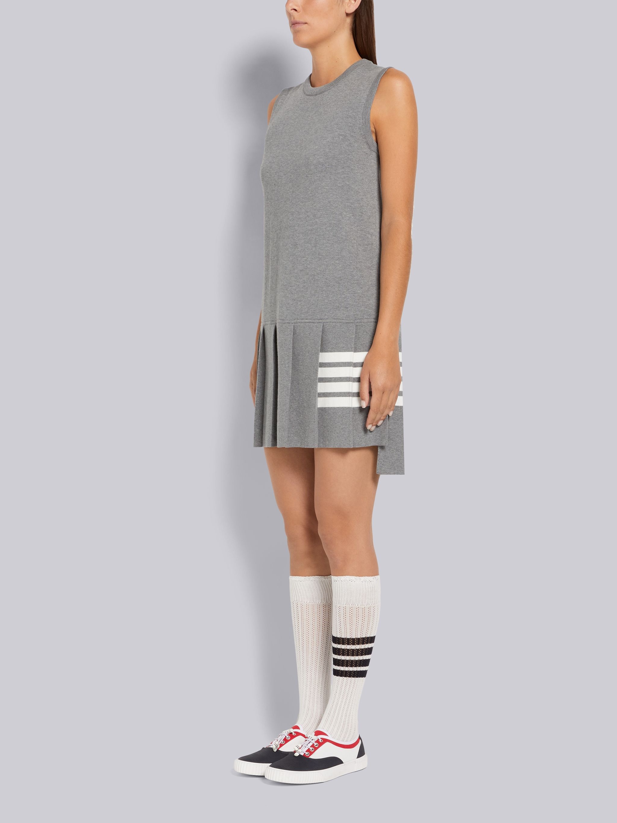 Light Grey Jersey Stitch Cotton 4-Bar Pleated Bottom Sleeveless Mini Dress - 2