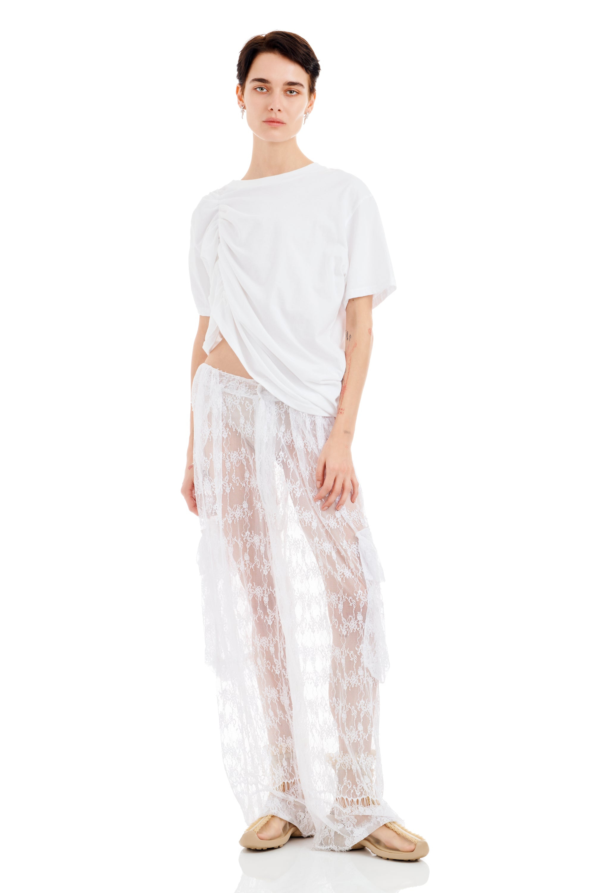 WHITE LACE PLEATED CARGO PANT - 2