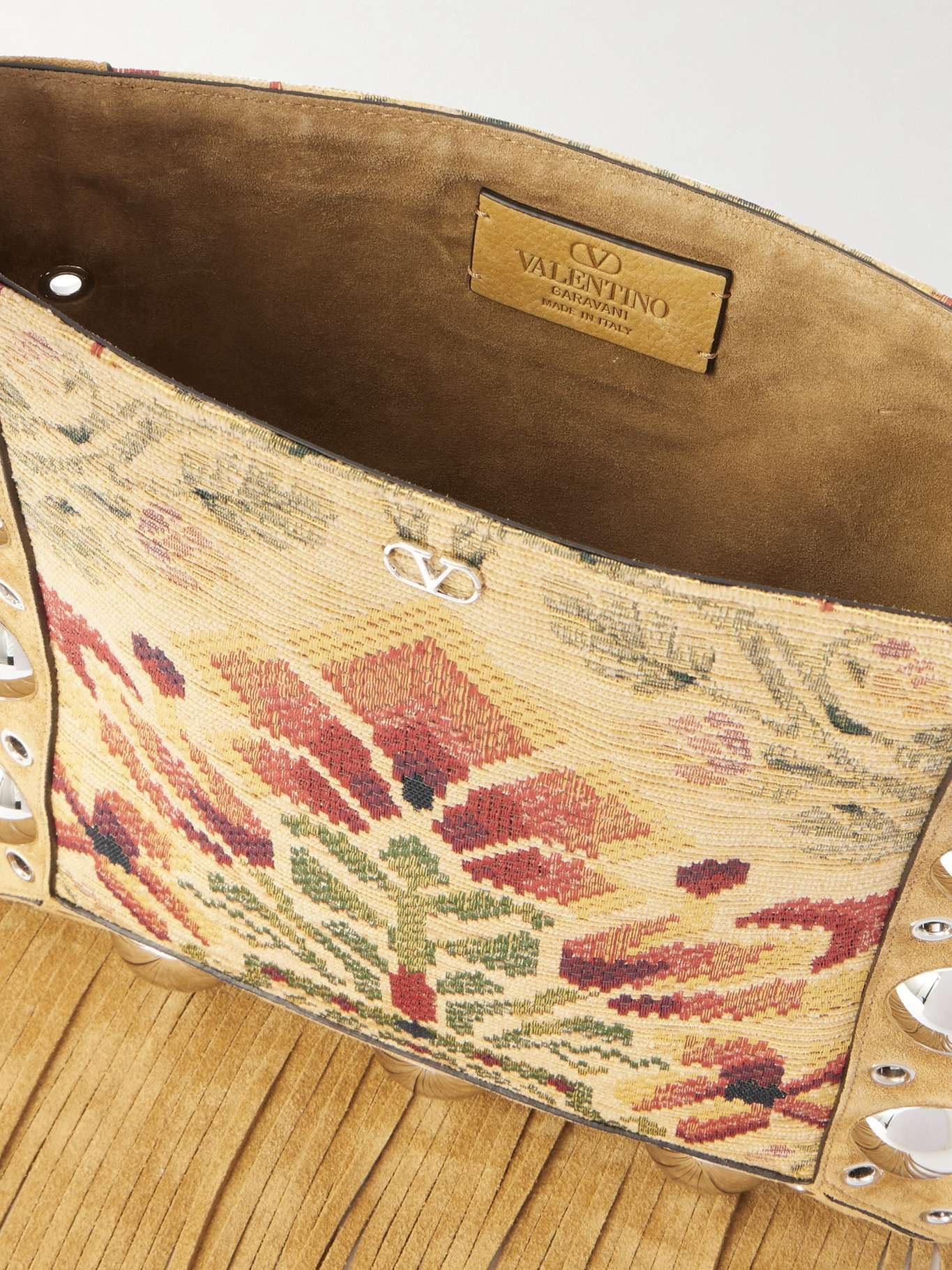 Nellcôte fringed studded eyelet-embellished jacquard and suede tote Multi - 5