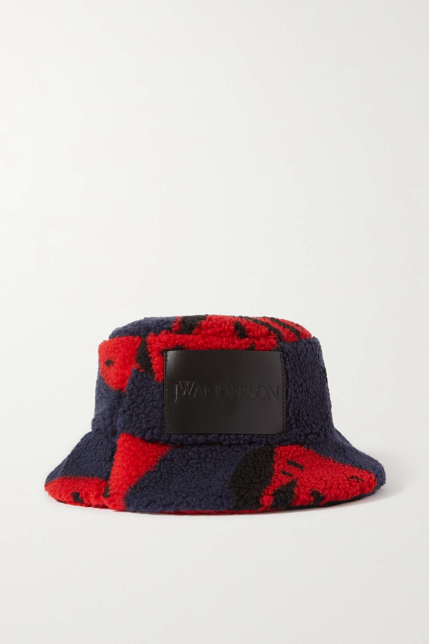 Asymmetric appliquéd printed fleece bucket hat - 1