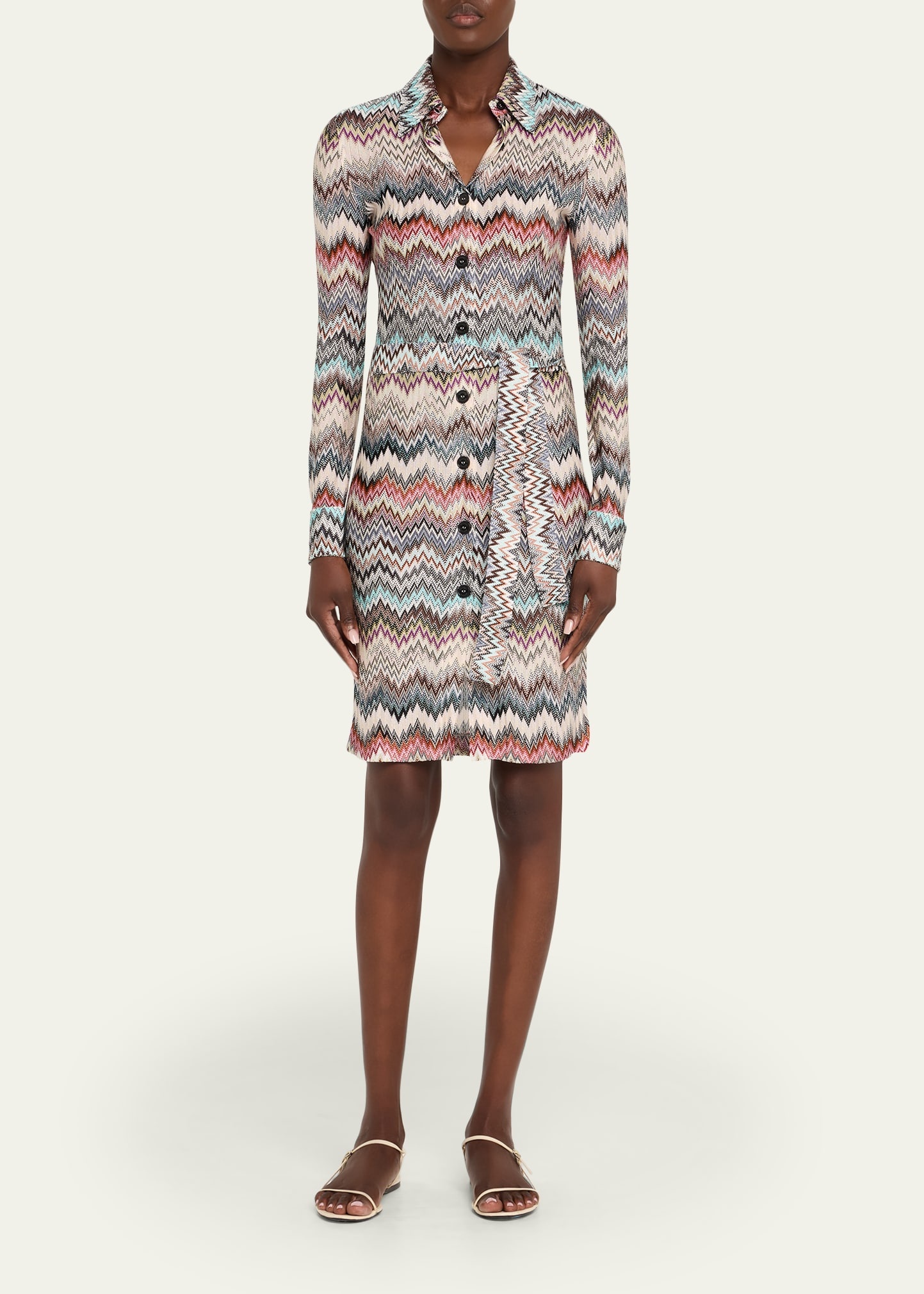 Chevron Belted Long-Sleeve Shirtdress - 2