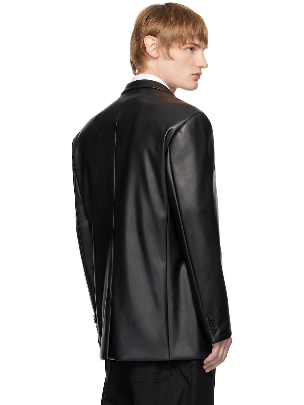 Black Vented Faux-Leather Blazer - 3