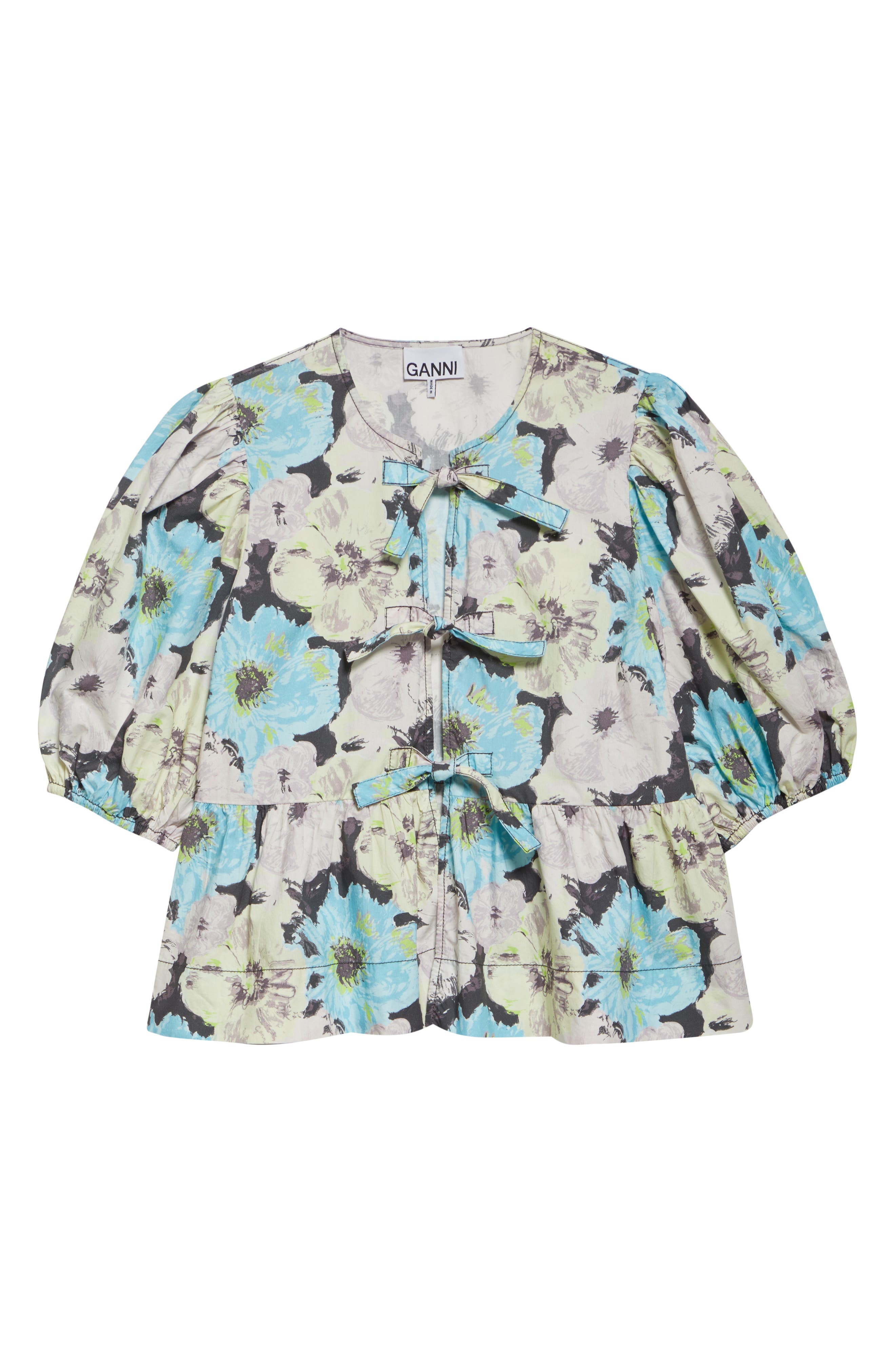 Ganni Print Puff Sleeve Peplum Organic Cotton Top in White Multicolor at Nordstrom - 5