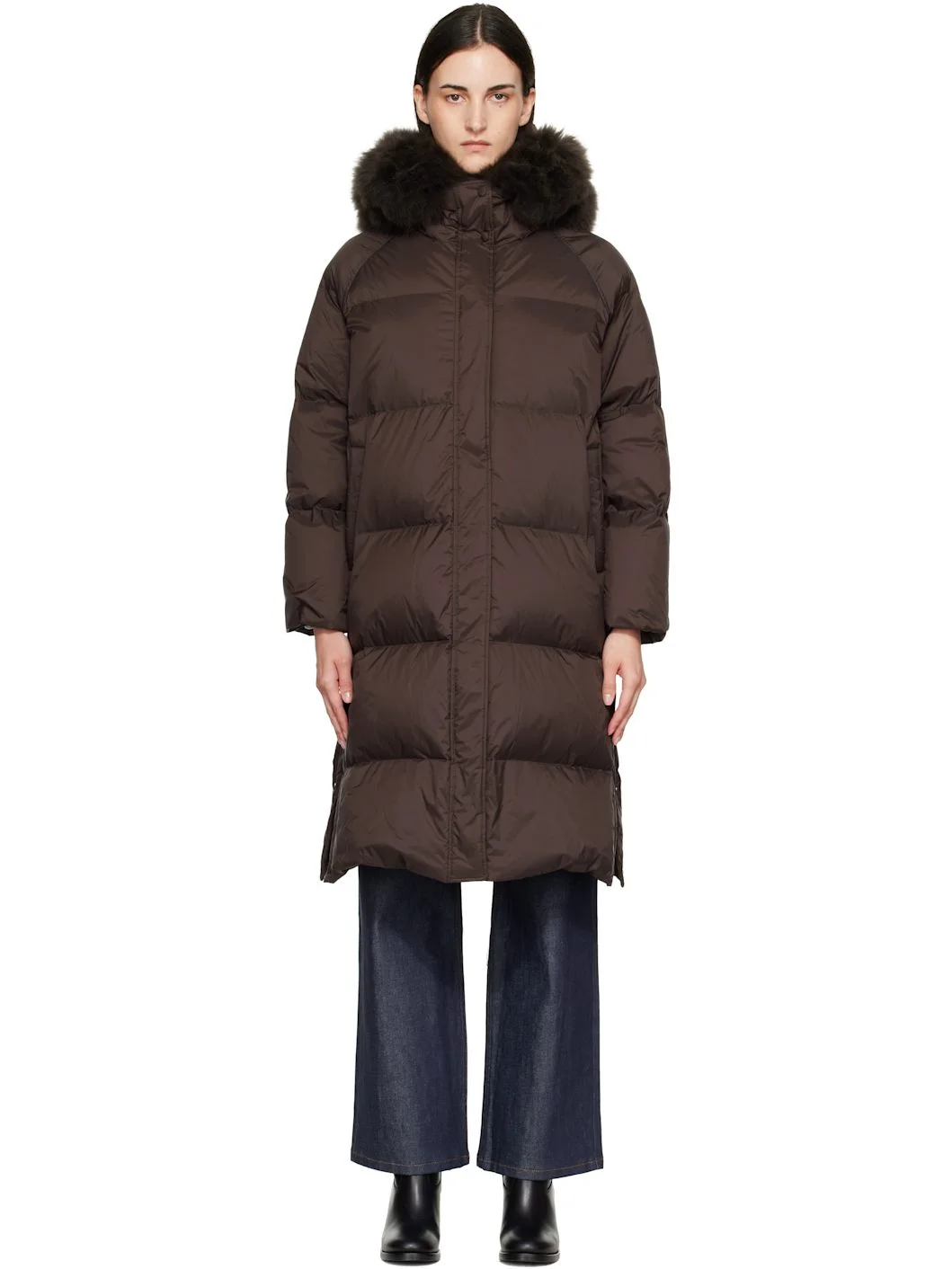 Brown Waterproof Technical Lambswool Trim Long Down Jacket - 1