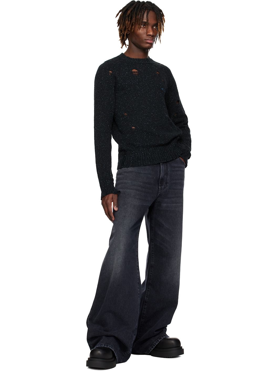 Navy Raglan-Sleeved Grunge Knit Sweater - 4
