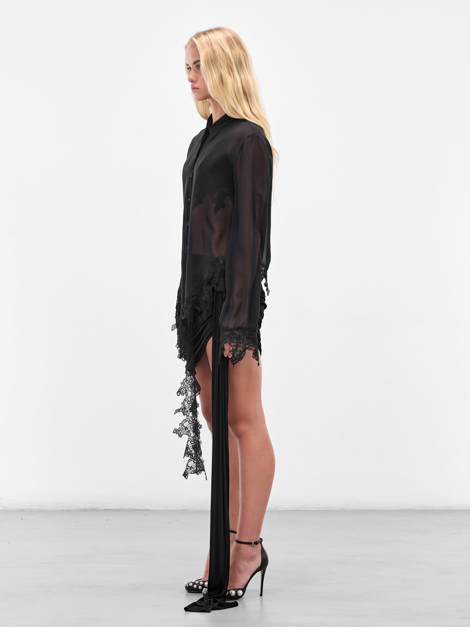 Black Lace Flounce Chiffon Shirt - 2