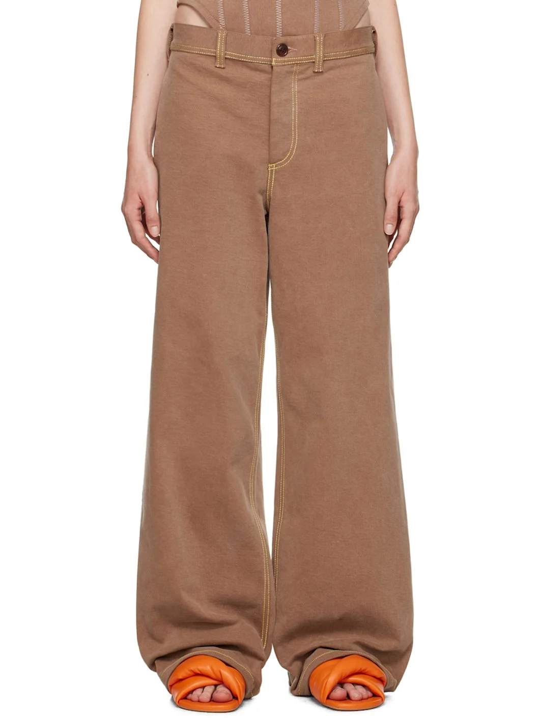 Brown Contrast Stitching Jeans - 1