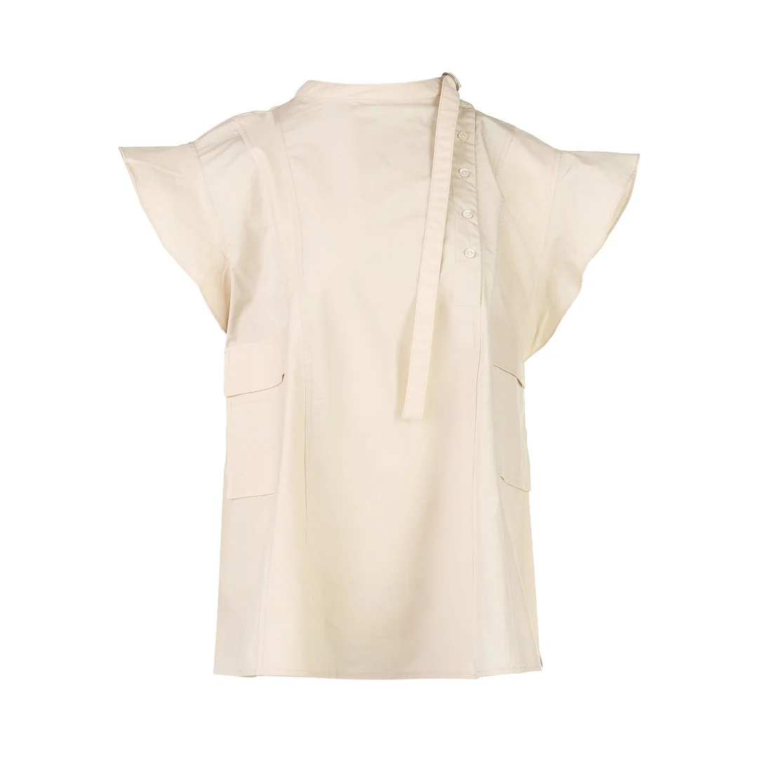 Tonal Poplin Flutter Sleeve Blouse - 1