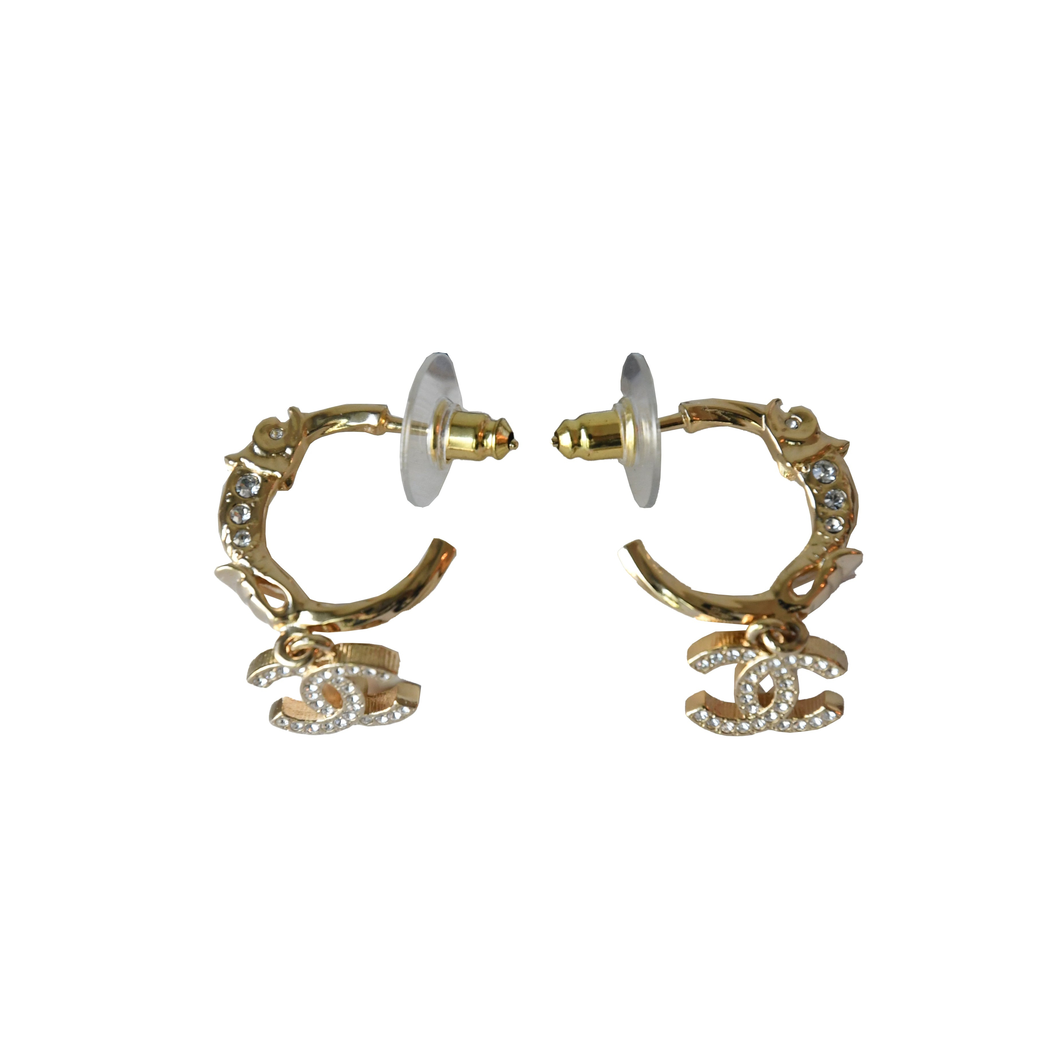 Chanel CC Metal Crystal Strass Studded Hoop Drop Earrings Gold - 4