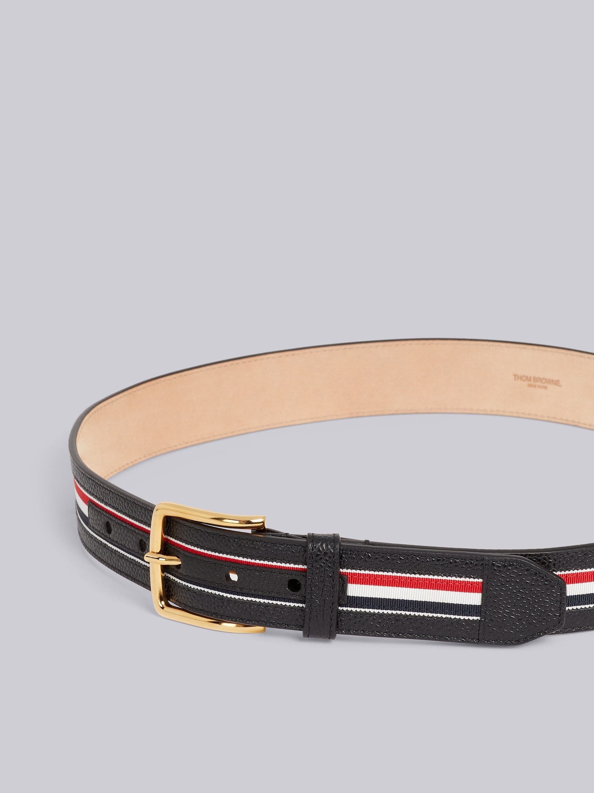 Black Pebble Grain Leather and Grosgrain Stripe Classic Belt - 2