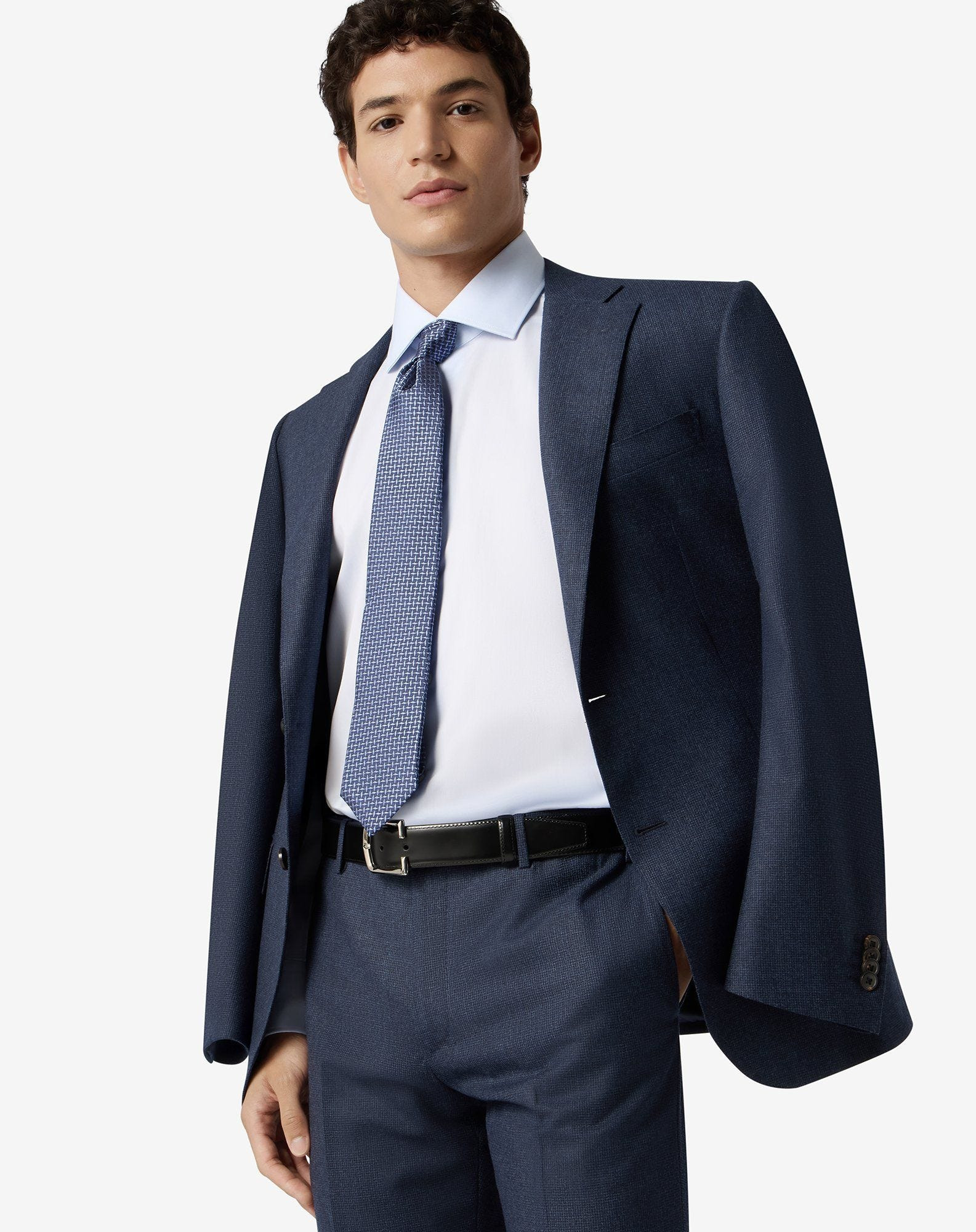 Blue micropatterned wool flannel and cashmere suit - 4