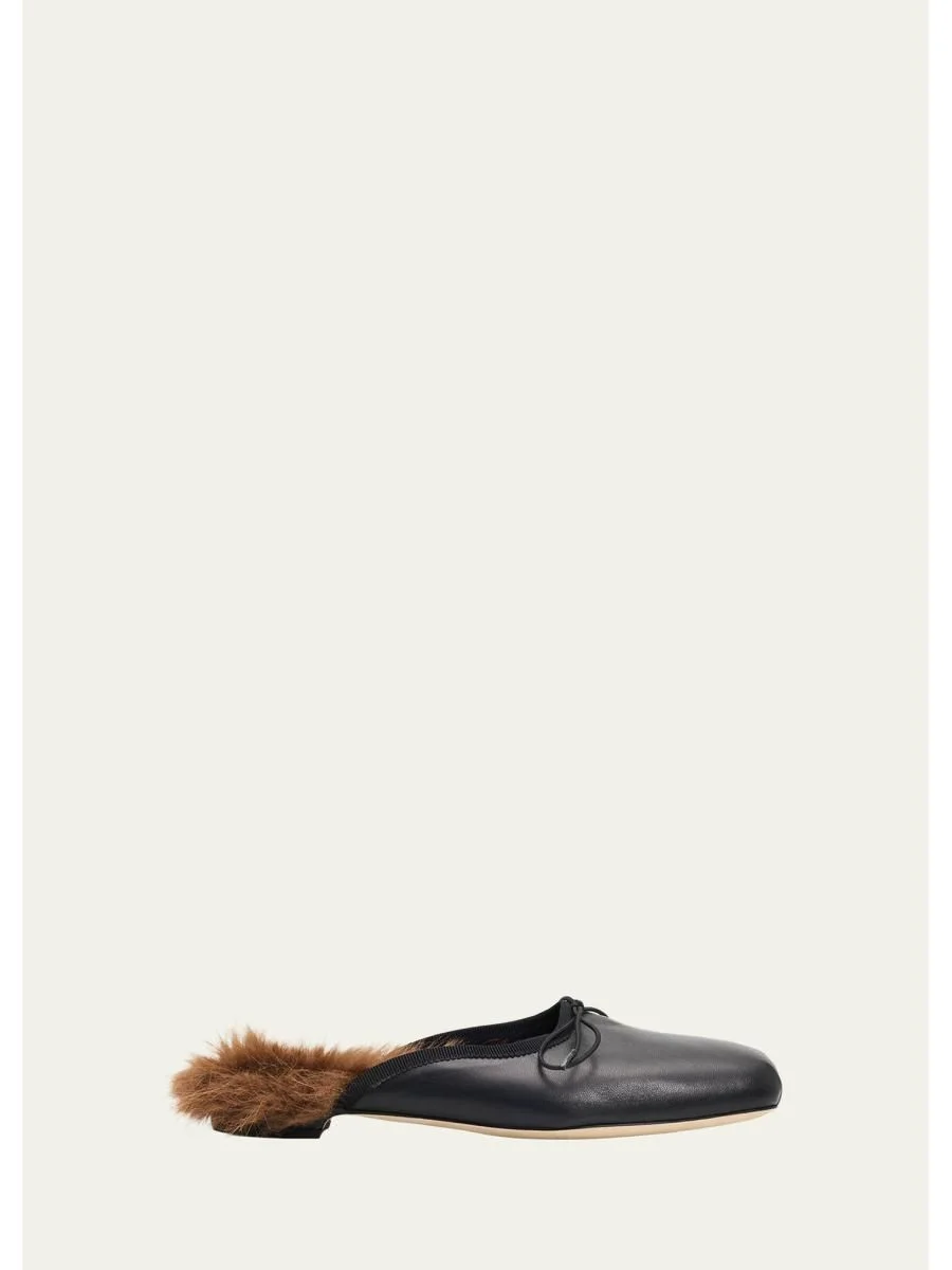 Faux Fur Lined Leather Ballerina Mules - 1