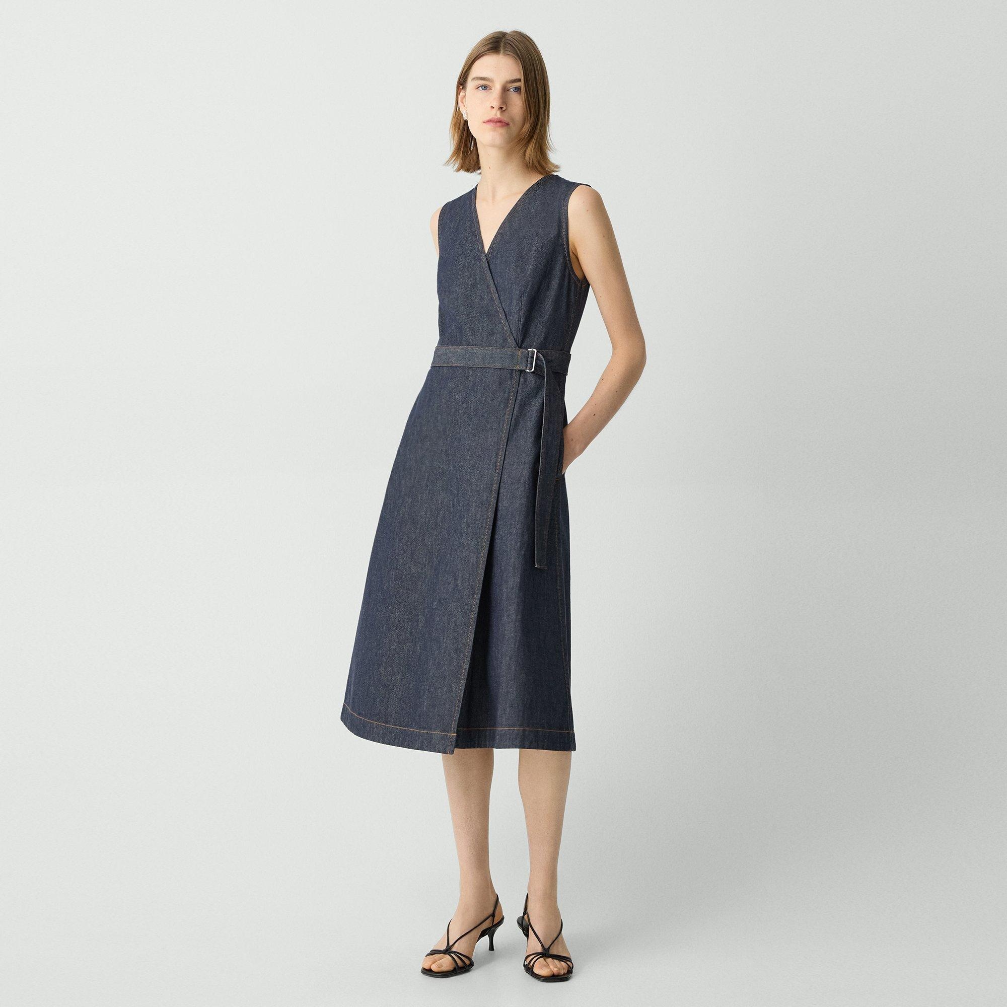 Sleeveless A-Line Wrap Dress in Denim - 2