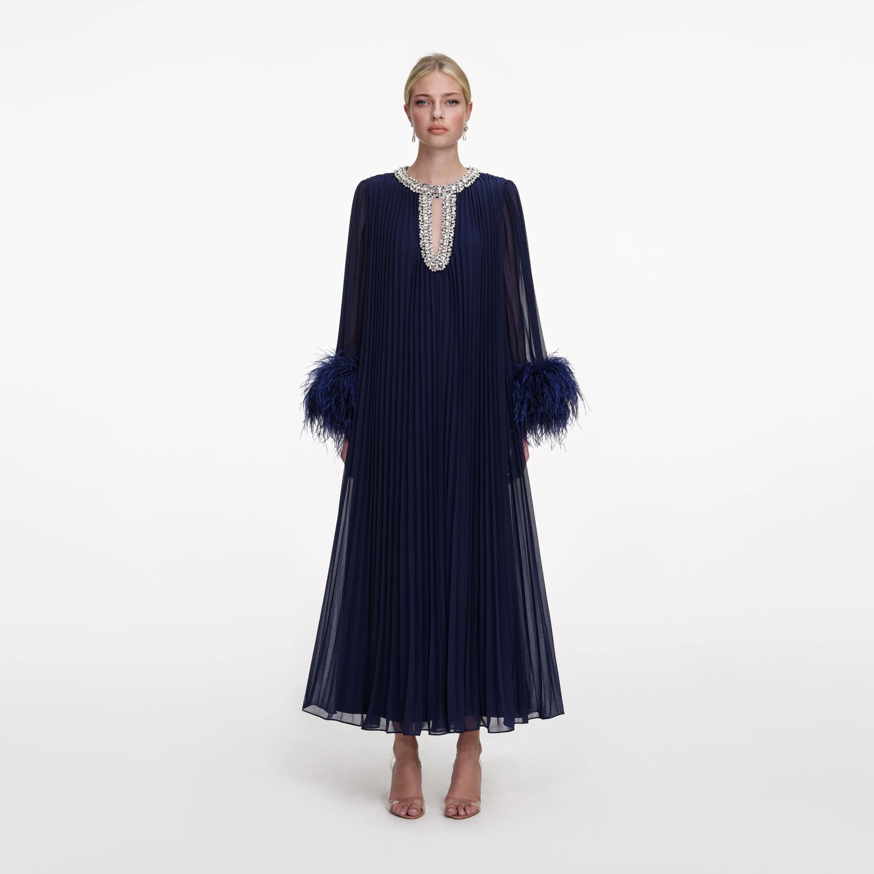 Navy Chiffon Feather Midi Dress - 1