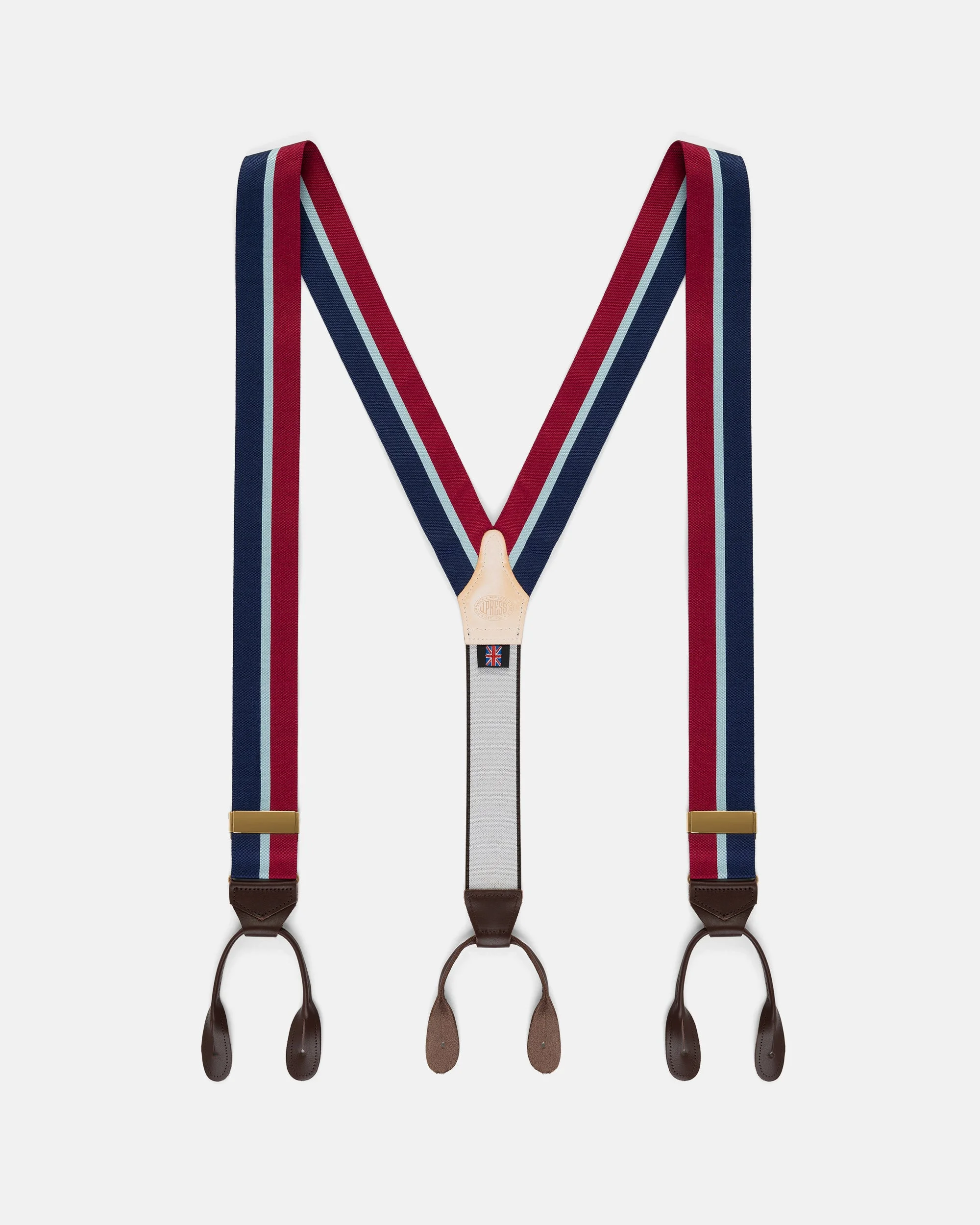 MADE-IN-ENGLAND RED, NAVY & LIGHT BLUE STRIPED BARATHEA BRACES - 1