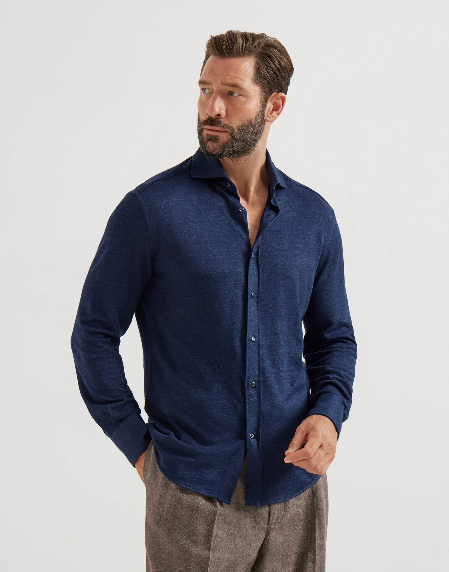 Linen and cotton mélange jersey shirt with spread collar - 1
