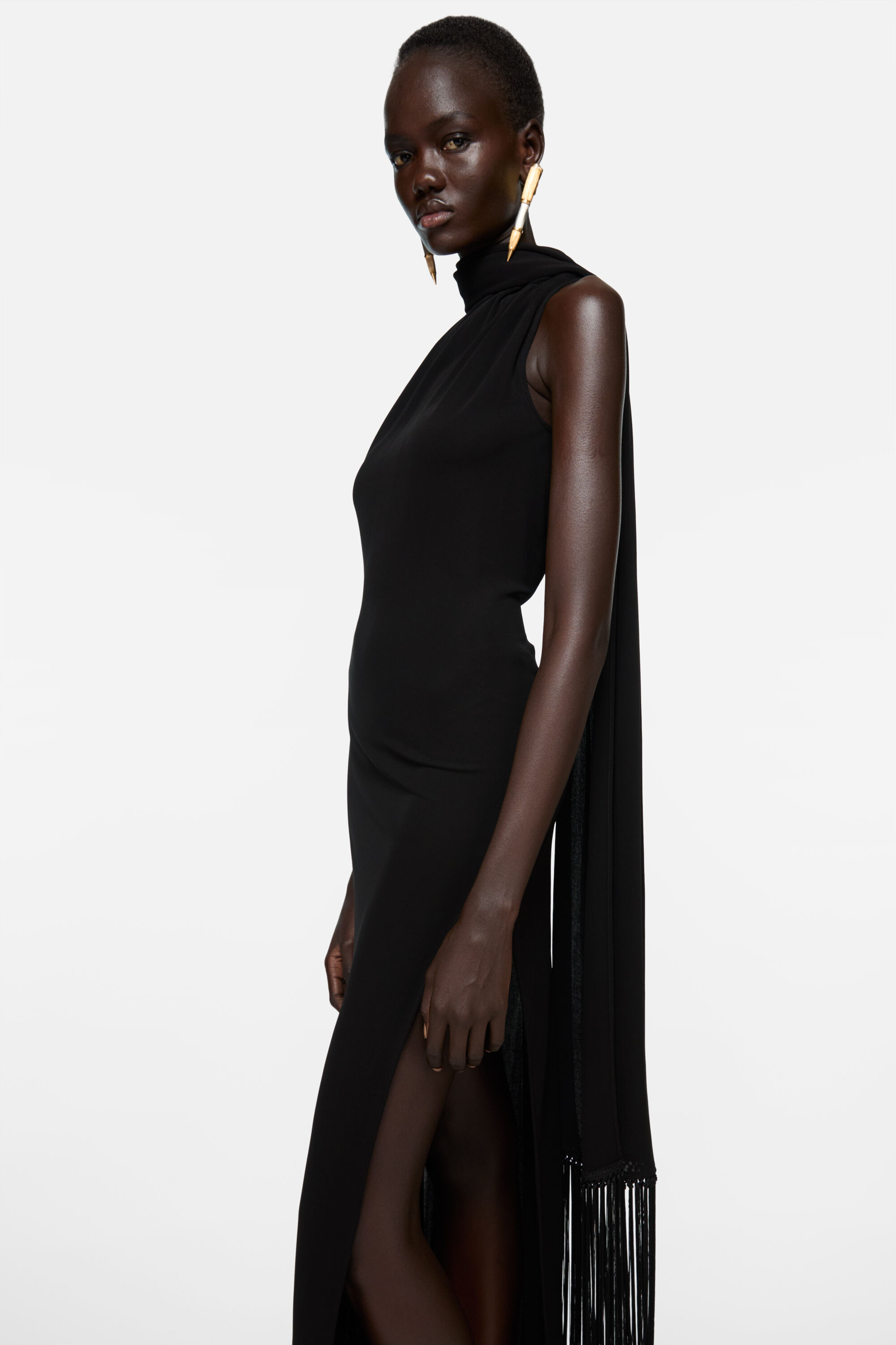 Draped satin dress - Black - 4