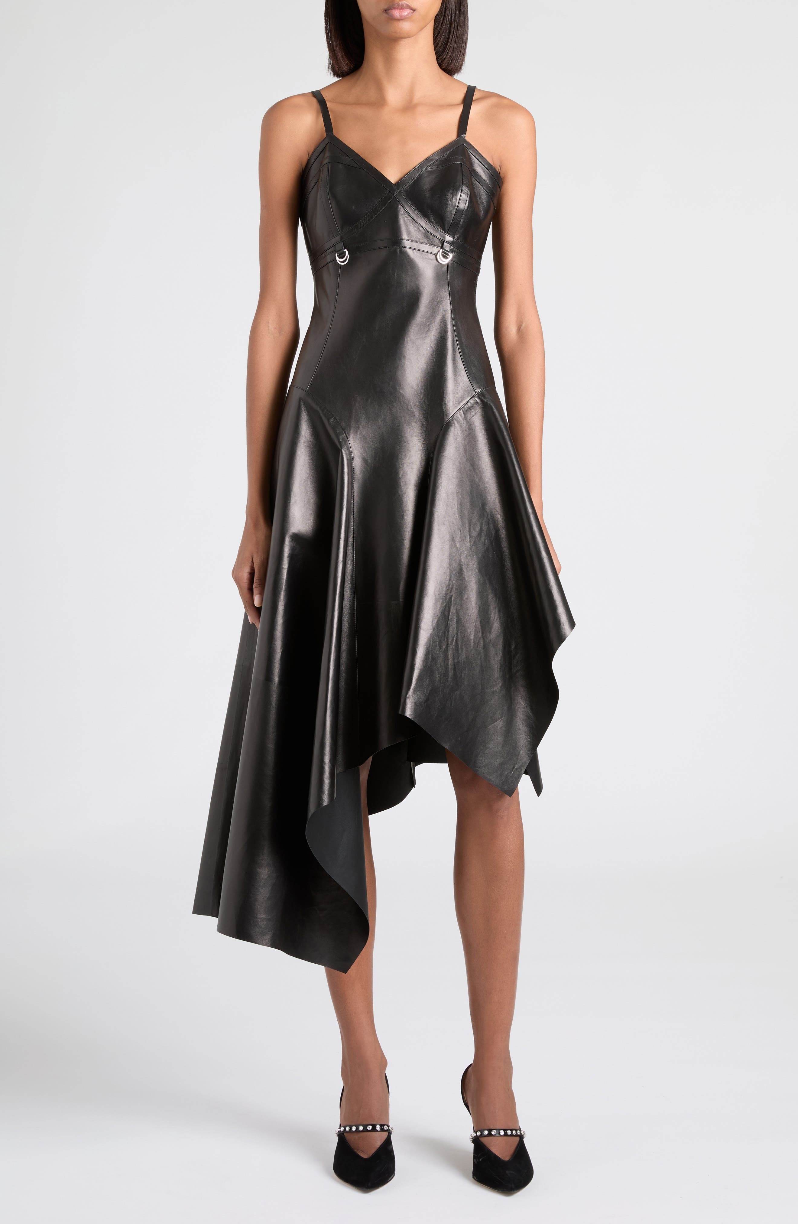 McQueen Asymmetric Draped Leather Dress in Black at Nordstrom - 1