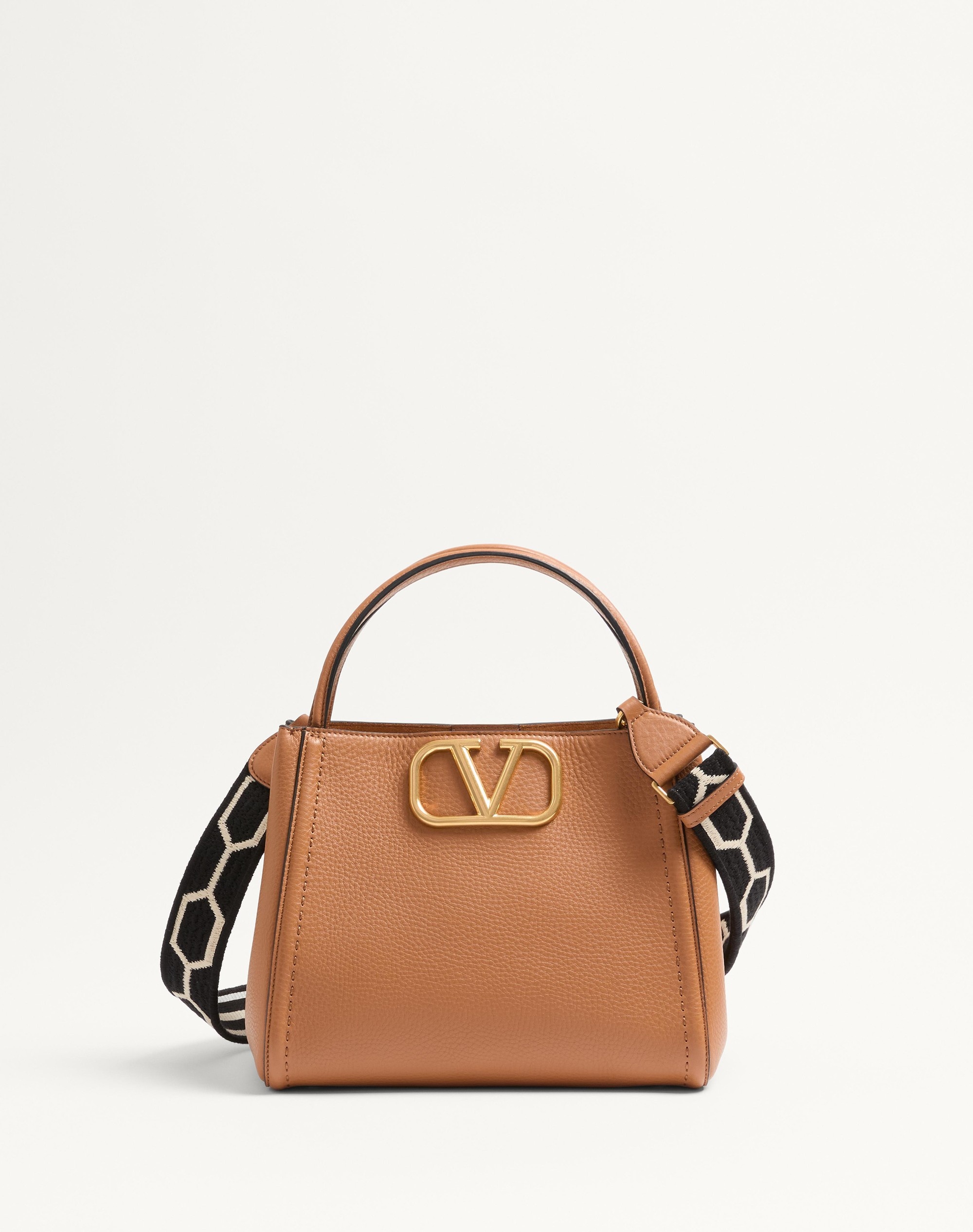 VALENTINO GARAVANI ALLTIME MEDIUM HANDBAG IN GRAINY CALFSKIN WITH JACQUARD RIBBON SHOULDER STRAP - 1
