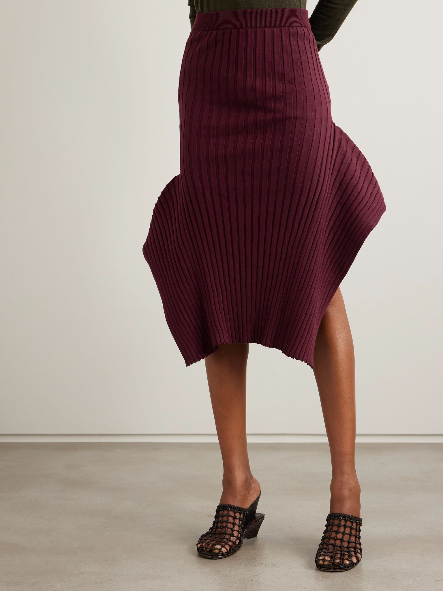 Asymmetric ribbed organic cotton midi skirt Burgundy - 3