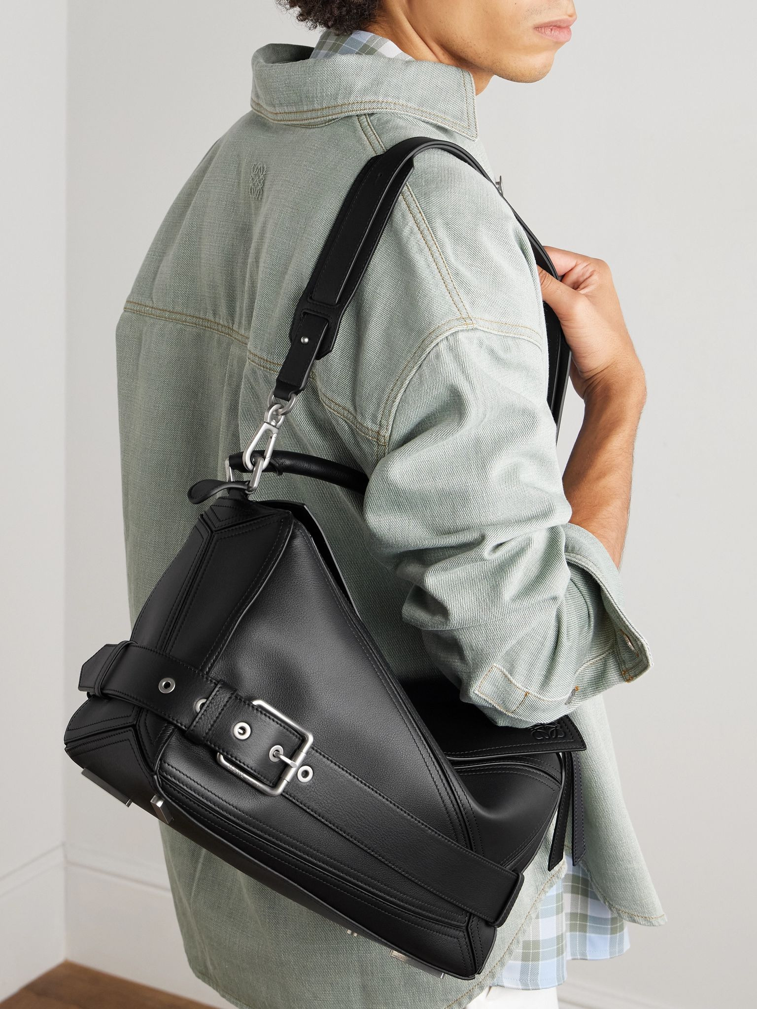 Puzzle Biker Large Buckled Leather Messenger Bag Black - 6
