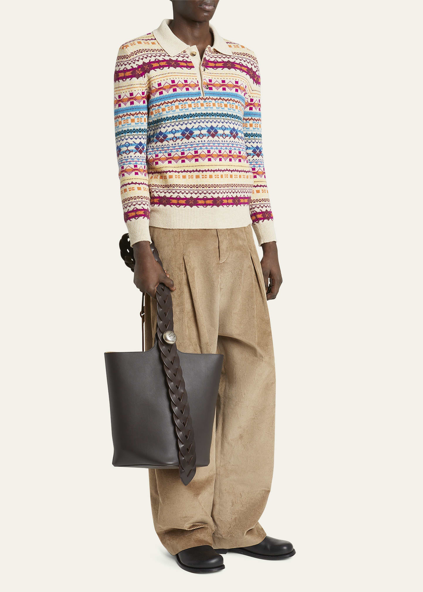 Men's Pebble Woven Leather Bucket Bag - 5