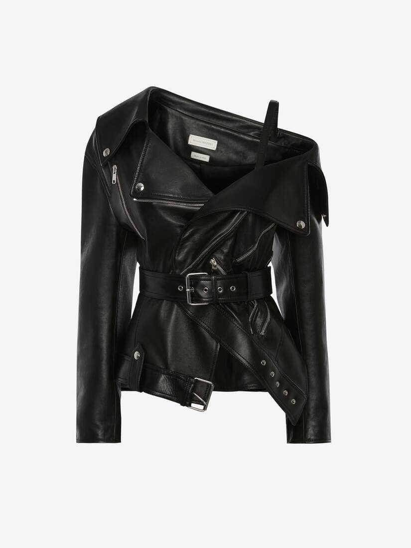 Women's Leather Twisted Biker Jacket in Black - 1