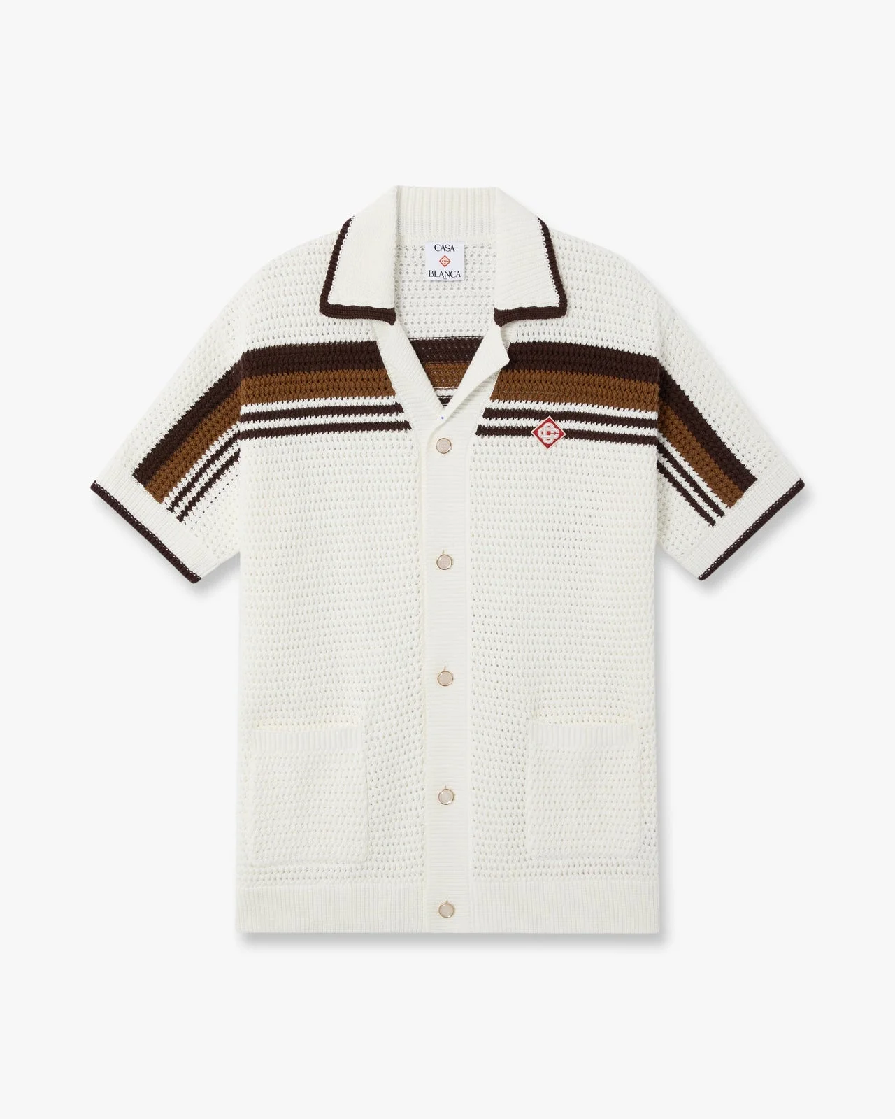 White & Brown Tennis Stripe Crochet Short Sleeve Shirt | Casablanca Paris - 1