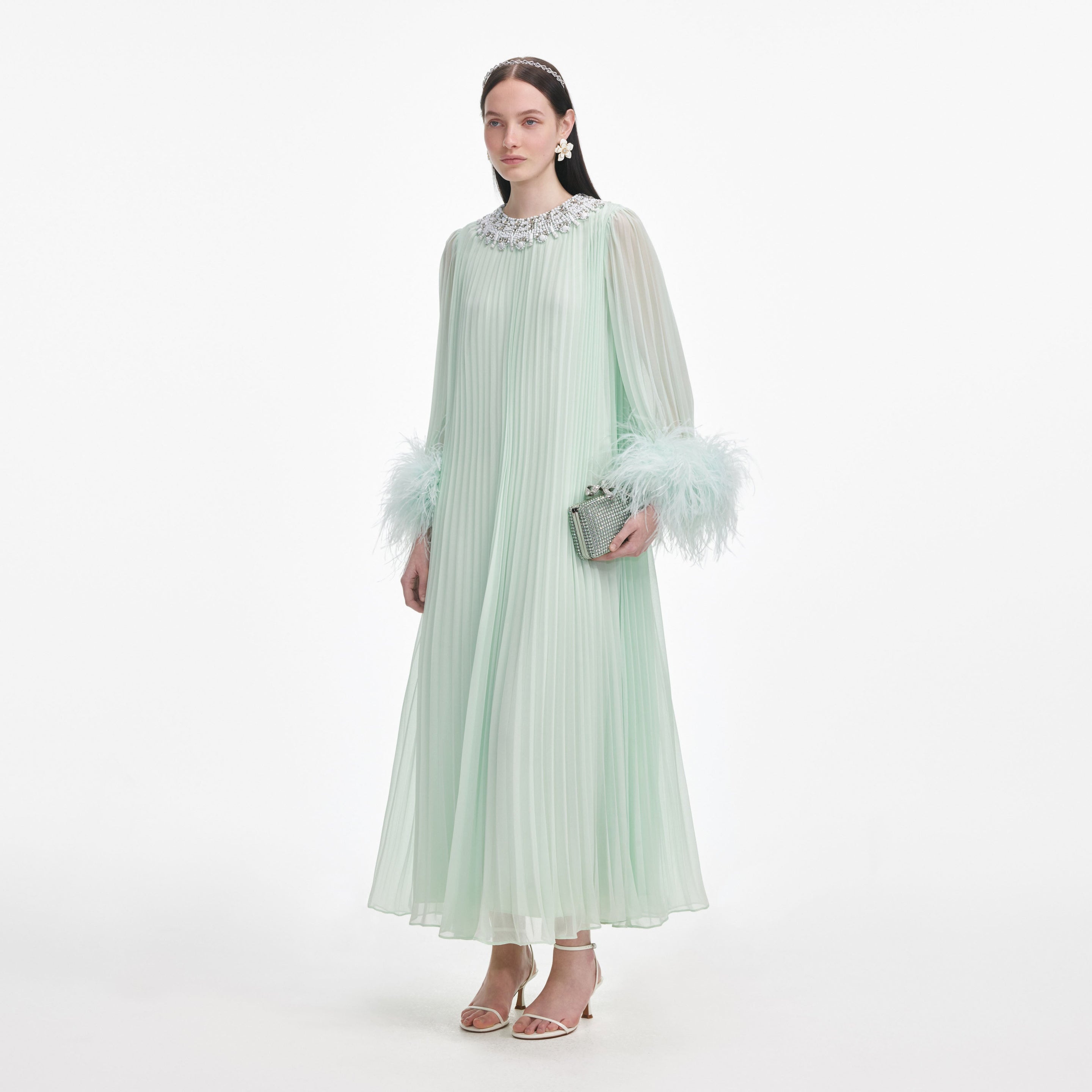 Mint Chiffon Feather Midi Dress - 2