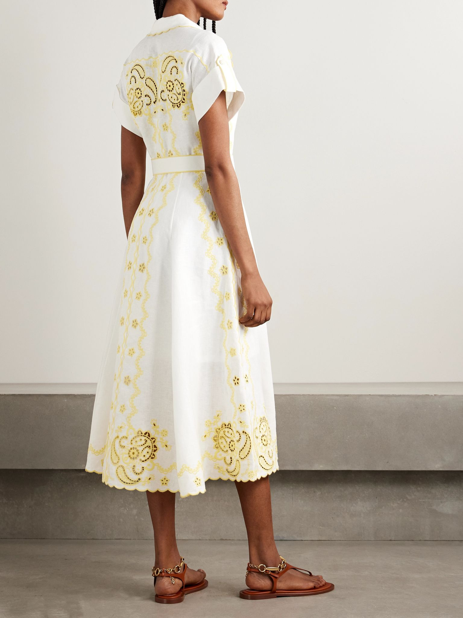 Lucky belted broderie anglaise linen midi shirt dress White - 3