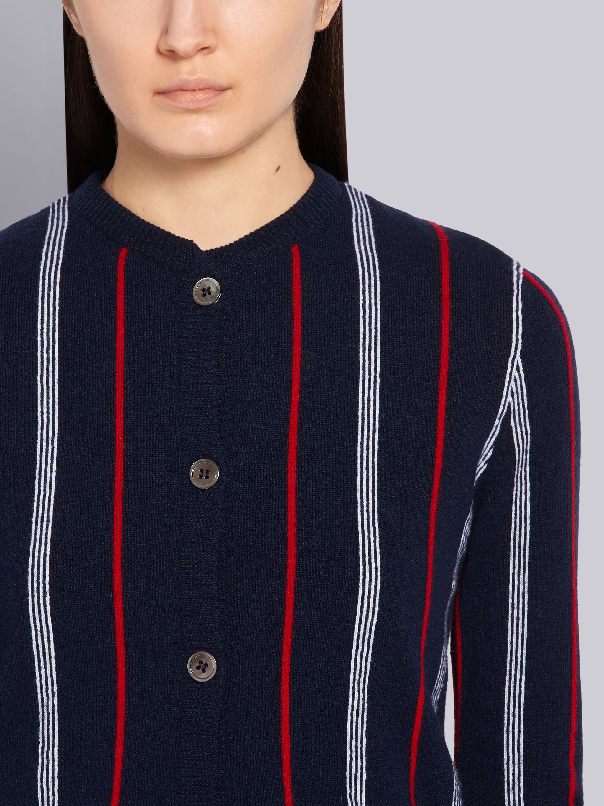 Navy Cashmere Silk Hairline Stripe Crewneck Cardigan Jacket - 5