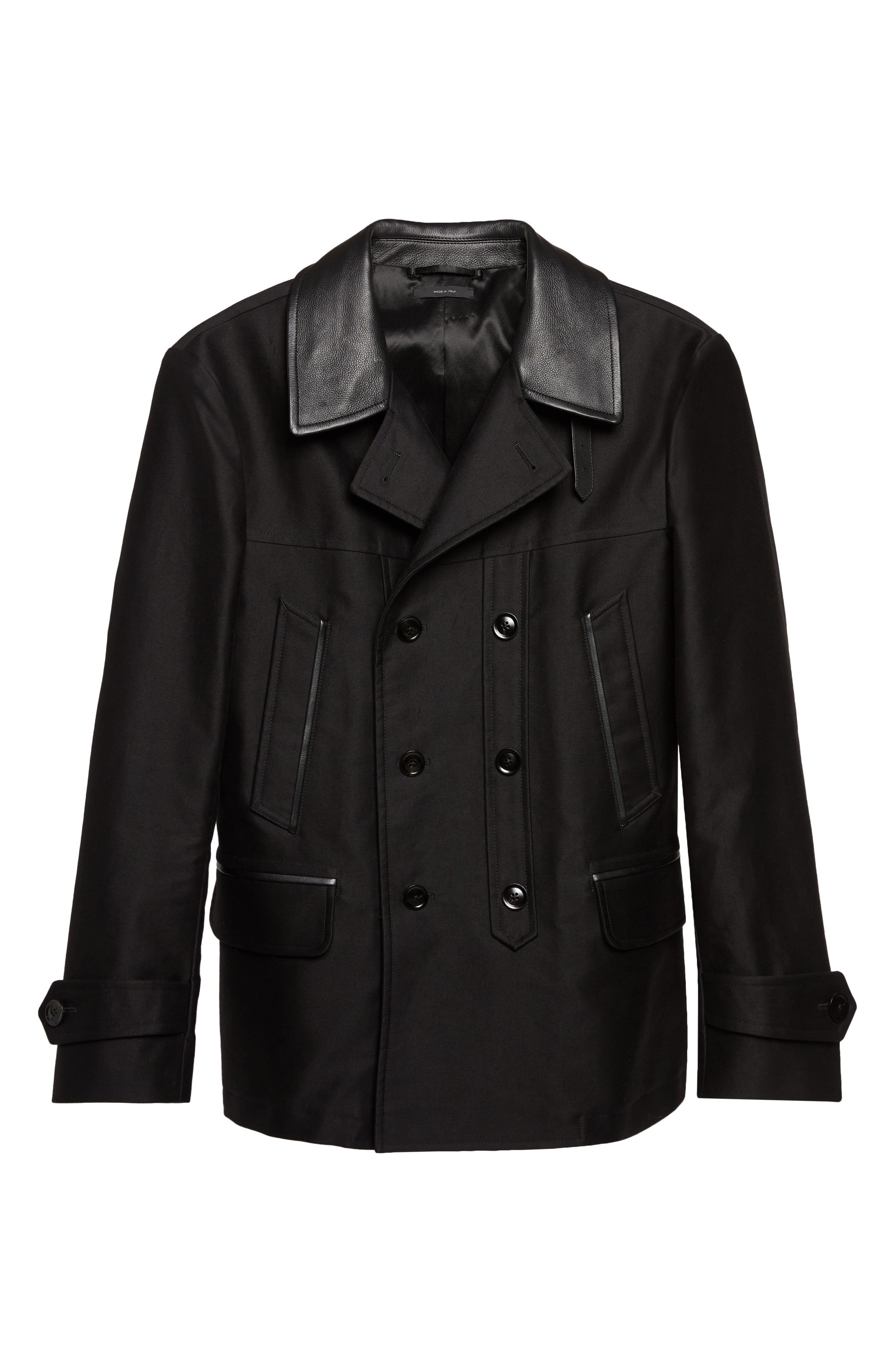 TOM FORD Leather Trimmed Brushed Cotton Satin Peacoat in Black at Nordstrom - 7