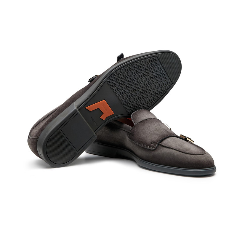 Santoni Men's grey suede double-buckle loafer outlook