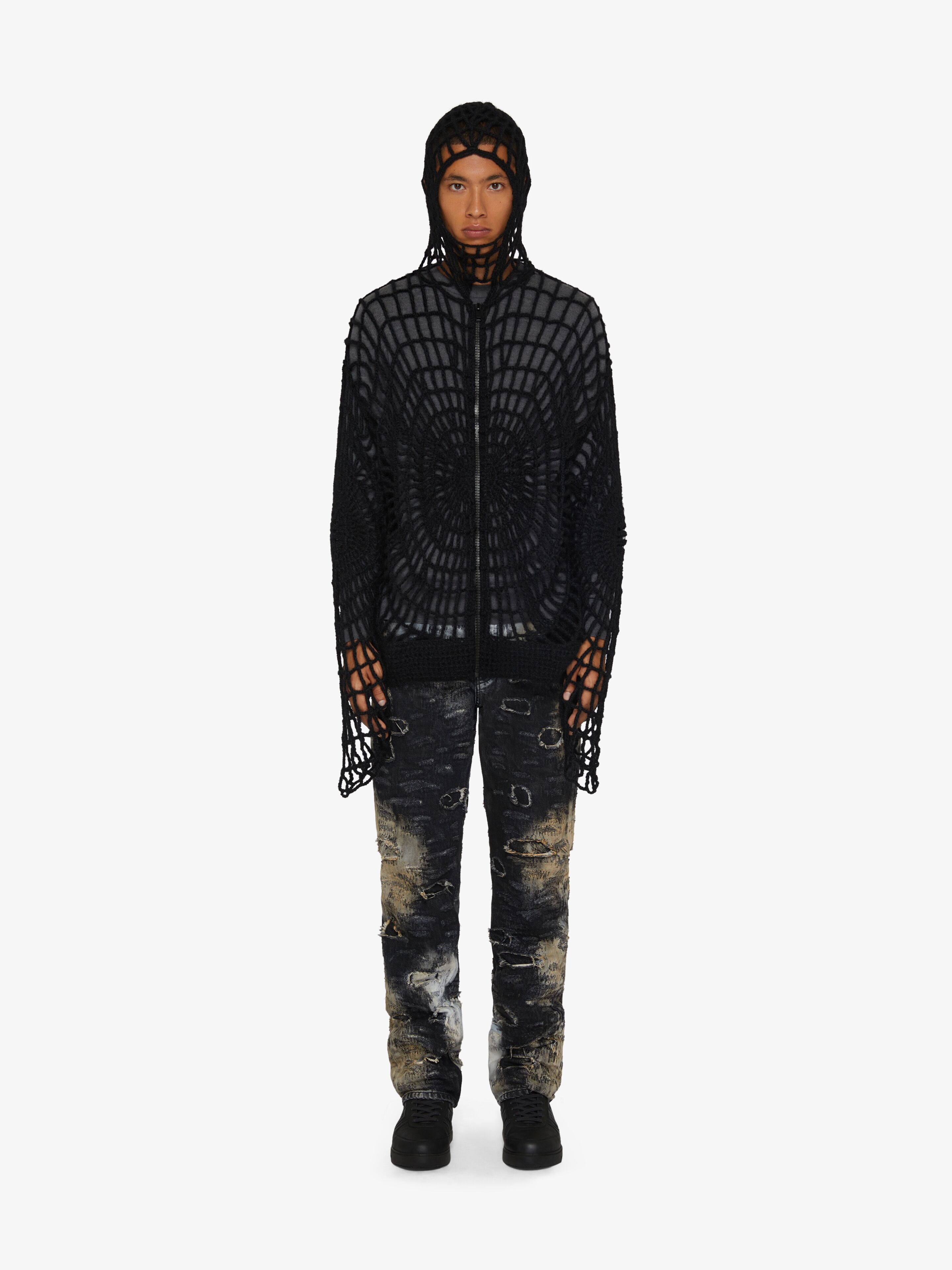 ZIPPED HOODIE IN CROCHET KNIT SPIDER WEB EFFECT - 2