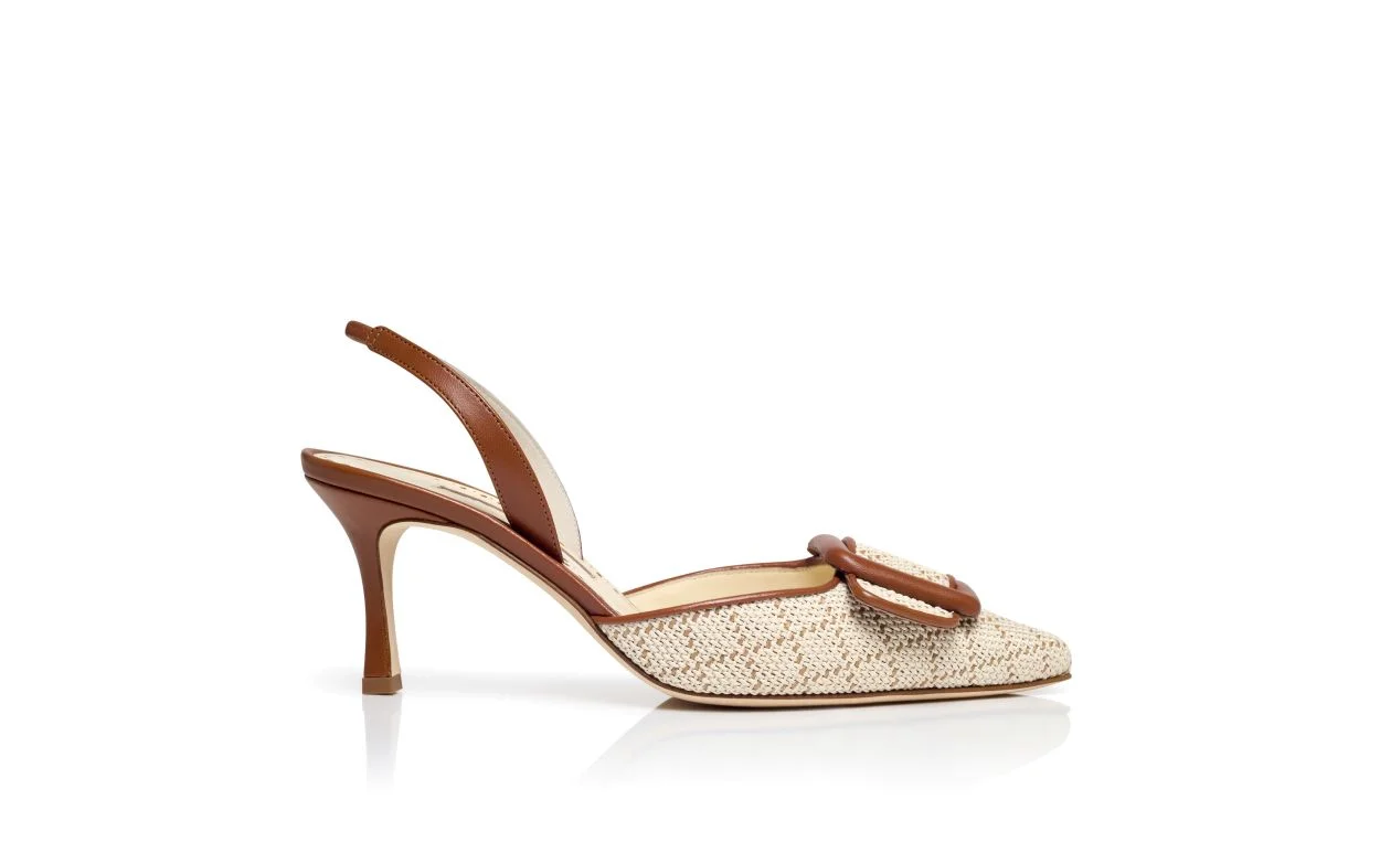Light Beige Raffia Buckle Detail Slingback Pumps - 1