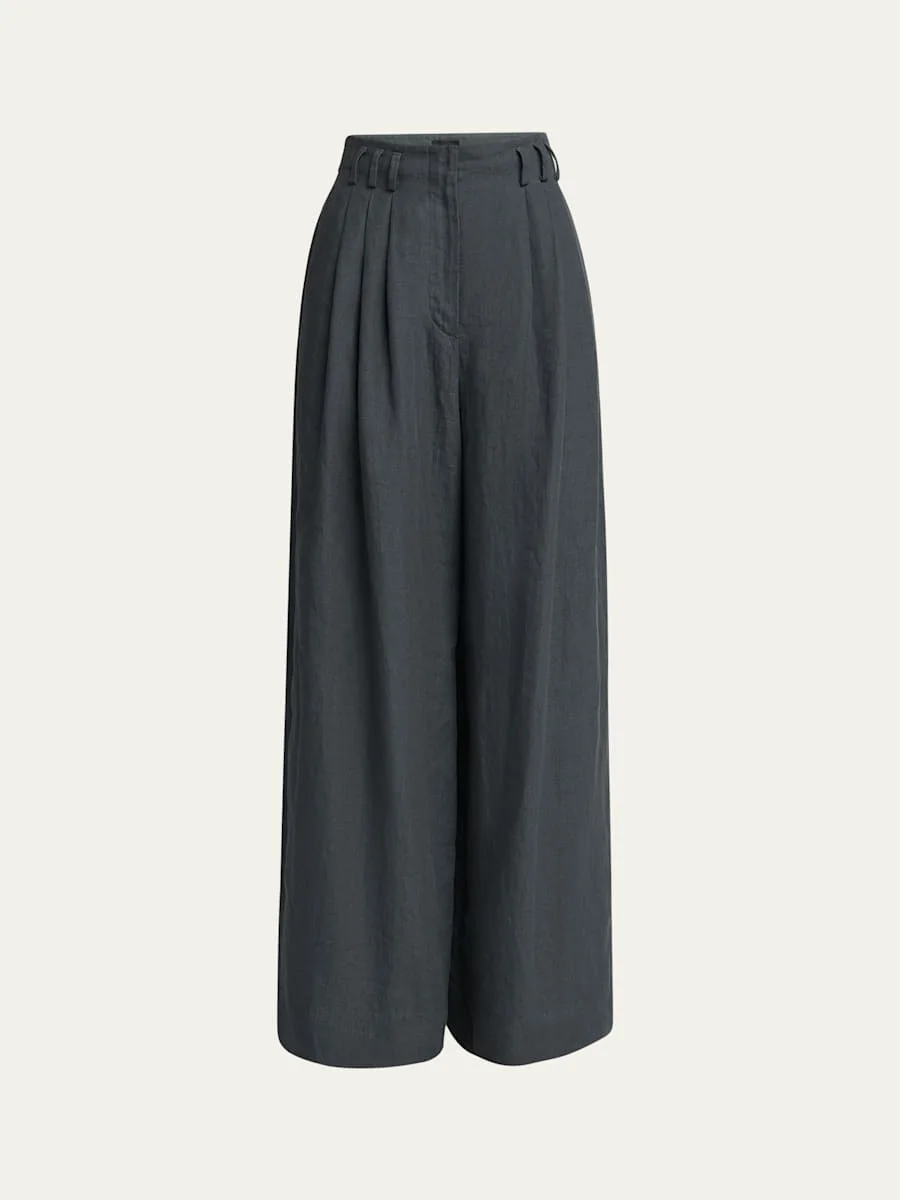Pleated Wide-Leg Linen Trousers - 1