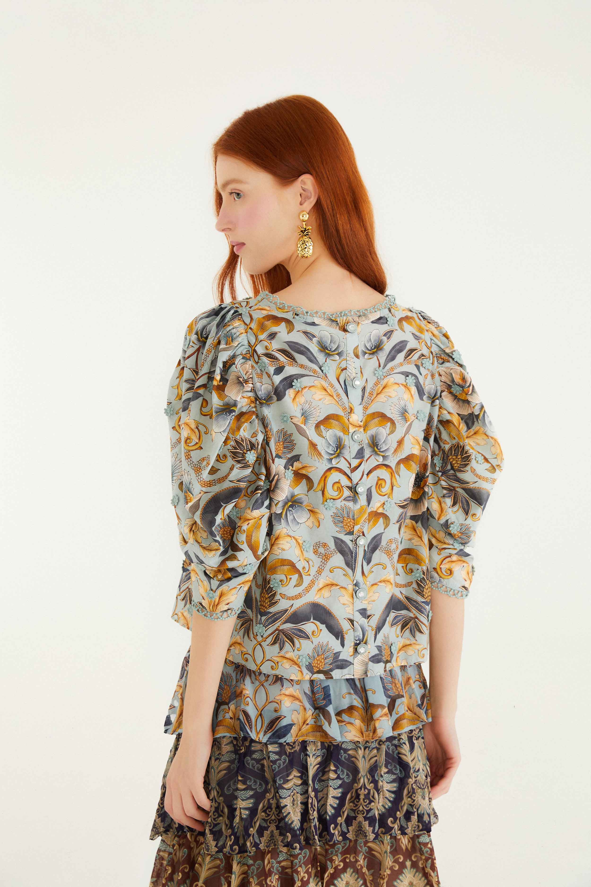 Blue Snake Garden 3D Applique Blouse - 4